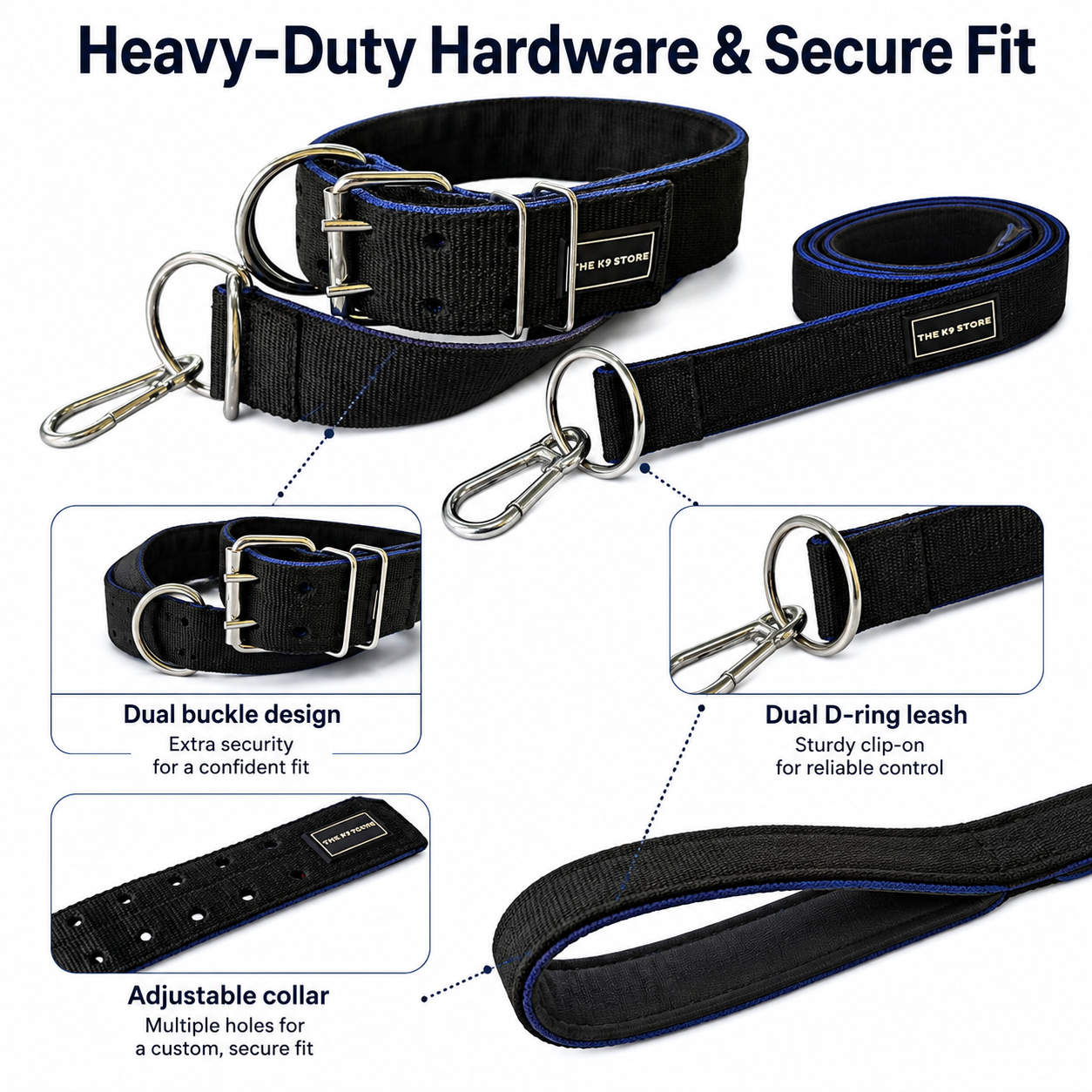 K9 Heavy Duty Nylon Dog Collar & Leash Combo | Dual D-Ring | Metal Buckle | Padded Handle | 60 Inch Leash | Black & Blue | Large & XL | The K9 Store