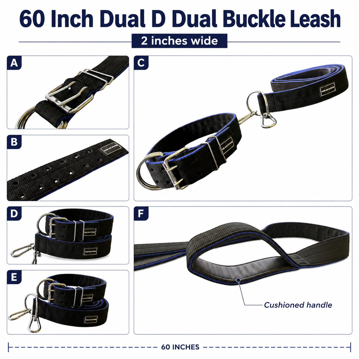 K9 Heavy Duty Nylon Dog Collar & Leash Combo | Dual D-Ring | Metal Buckle | Padded Handle | 60 Inch Leash | Black & Blue | Large & XL | The K9 Store