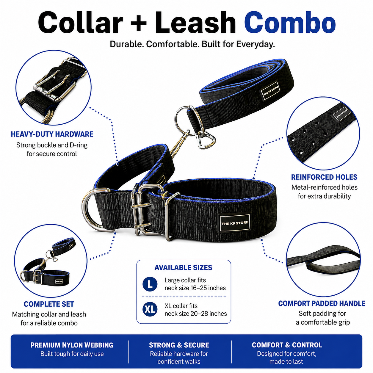 K9 Heavy Duty Nylon Dog Collar & Leash Combo | Dual D-Ring | Metal Buckle | Padded Handle | 60 Inch Leash | Black & Blue | Large & XL | The K9 Store