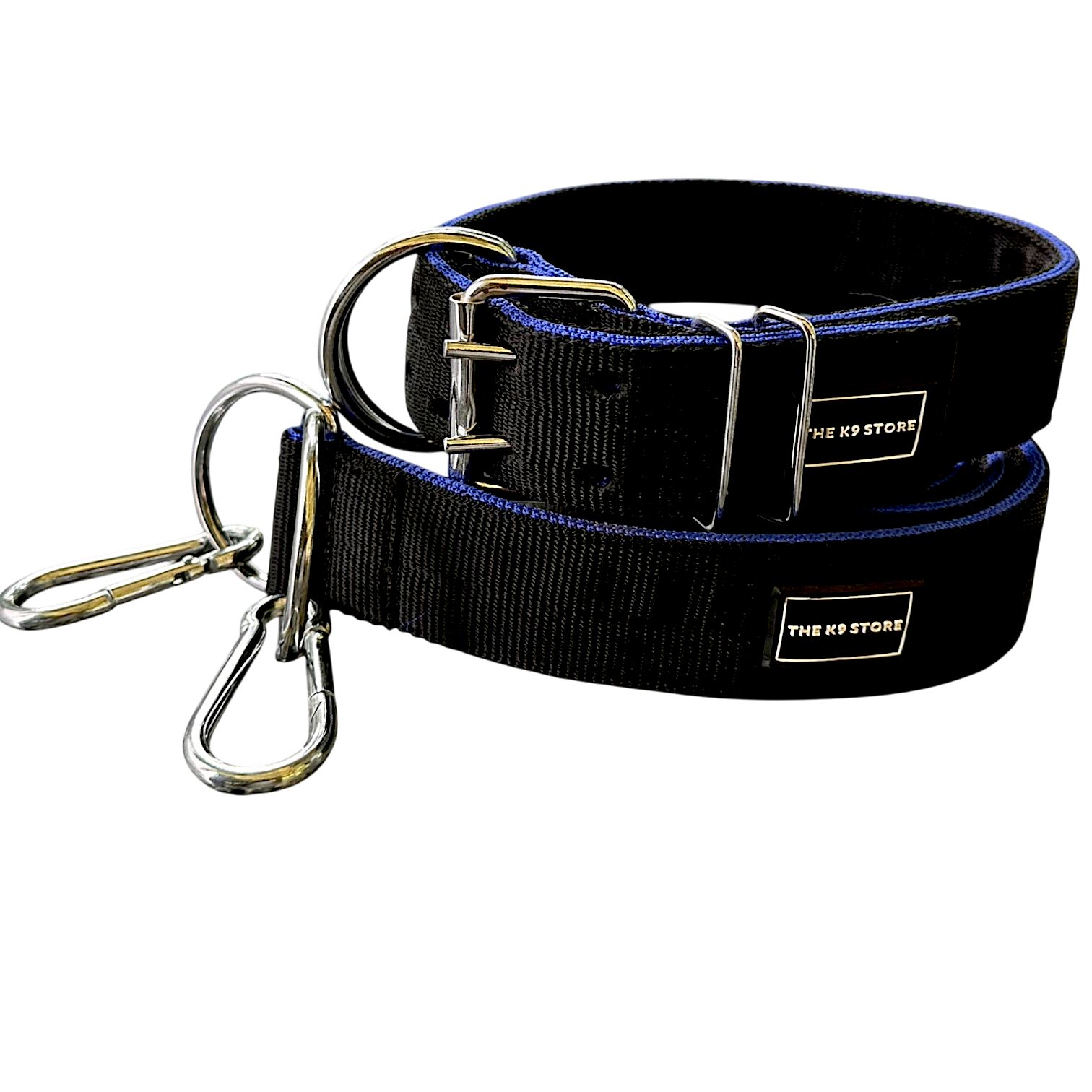 K9 Heavy Duty Nylon Dog Collar & Leash Combo | Dual D-Ring | Metal Buckle | Padded Handle | 60 Inch Leash | Black & Blue | Large & XL | The K9 Store