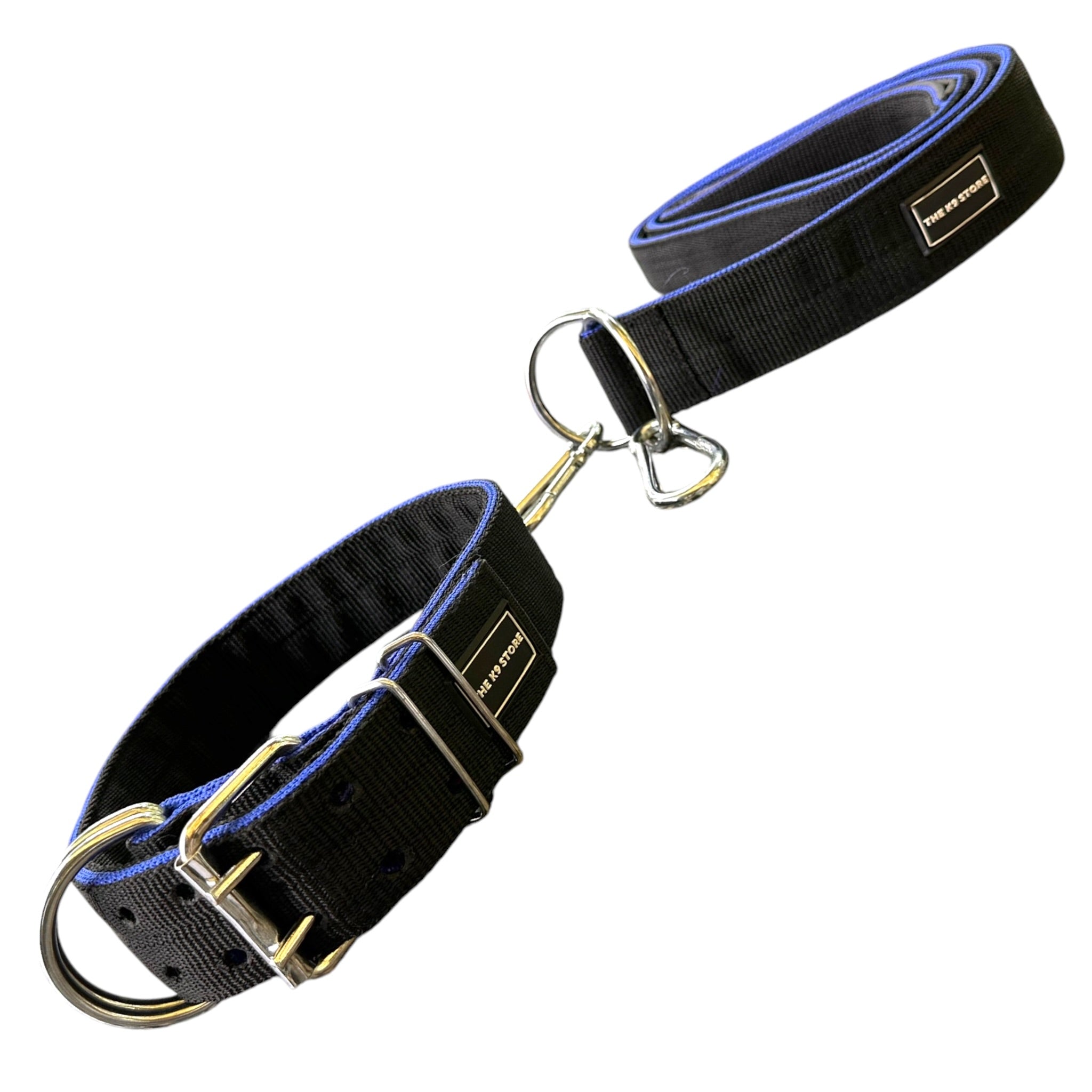 K9 Heavy Duty Nylon Dog Collar & Leash Combo | Dual D-Ring | Metal Buckle | Padded Handle | 60 Inch Leash | Black & Blue | Large & XL | The K9 Store