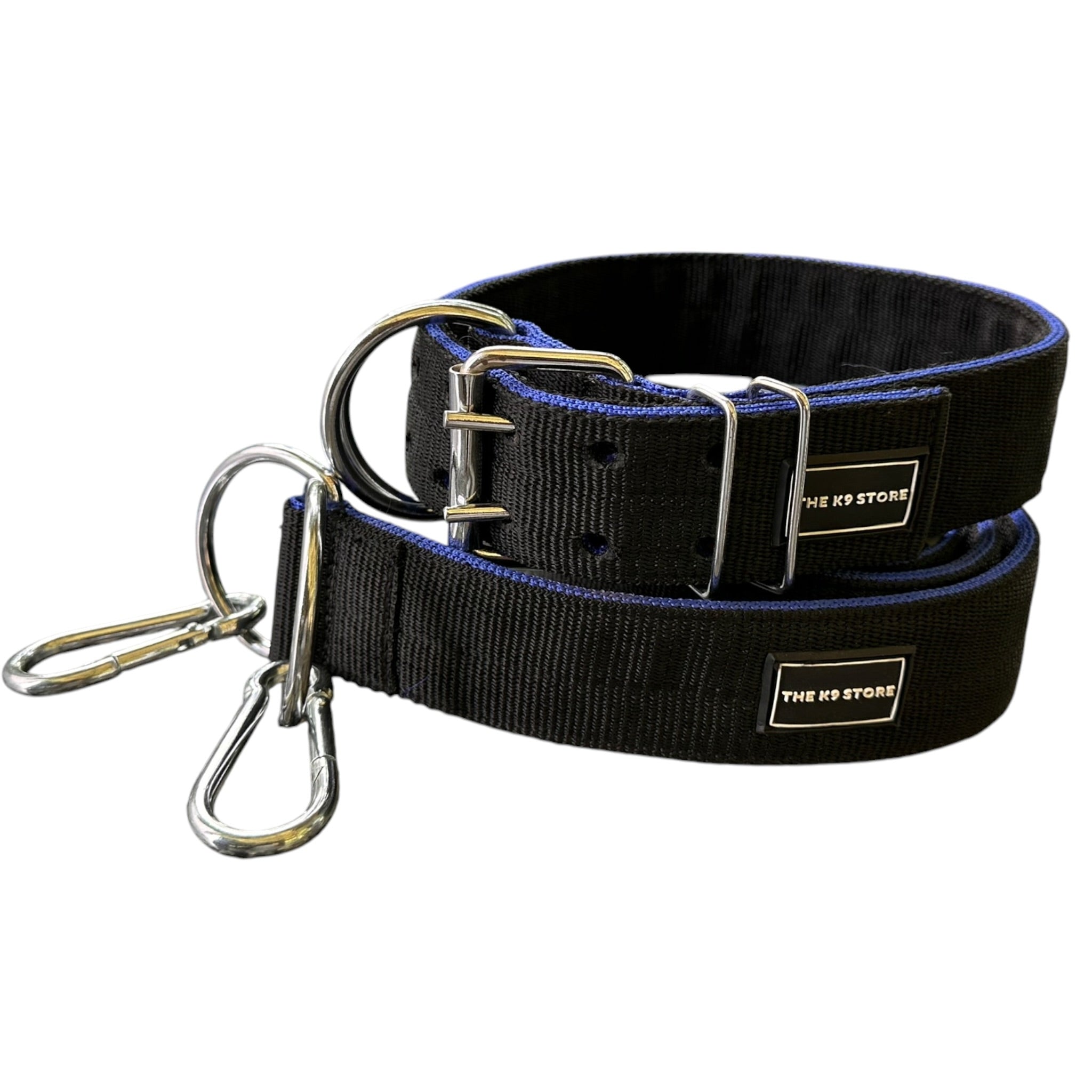 K9 Heavy Duty Nylon Dog Collar & Leash Combo | Dual D-Ring | Metal Buckle | Padded Handle | 60 Inch Leash | Black & Blue | Large & XL | The K9 Store