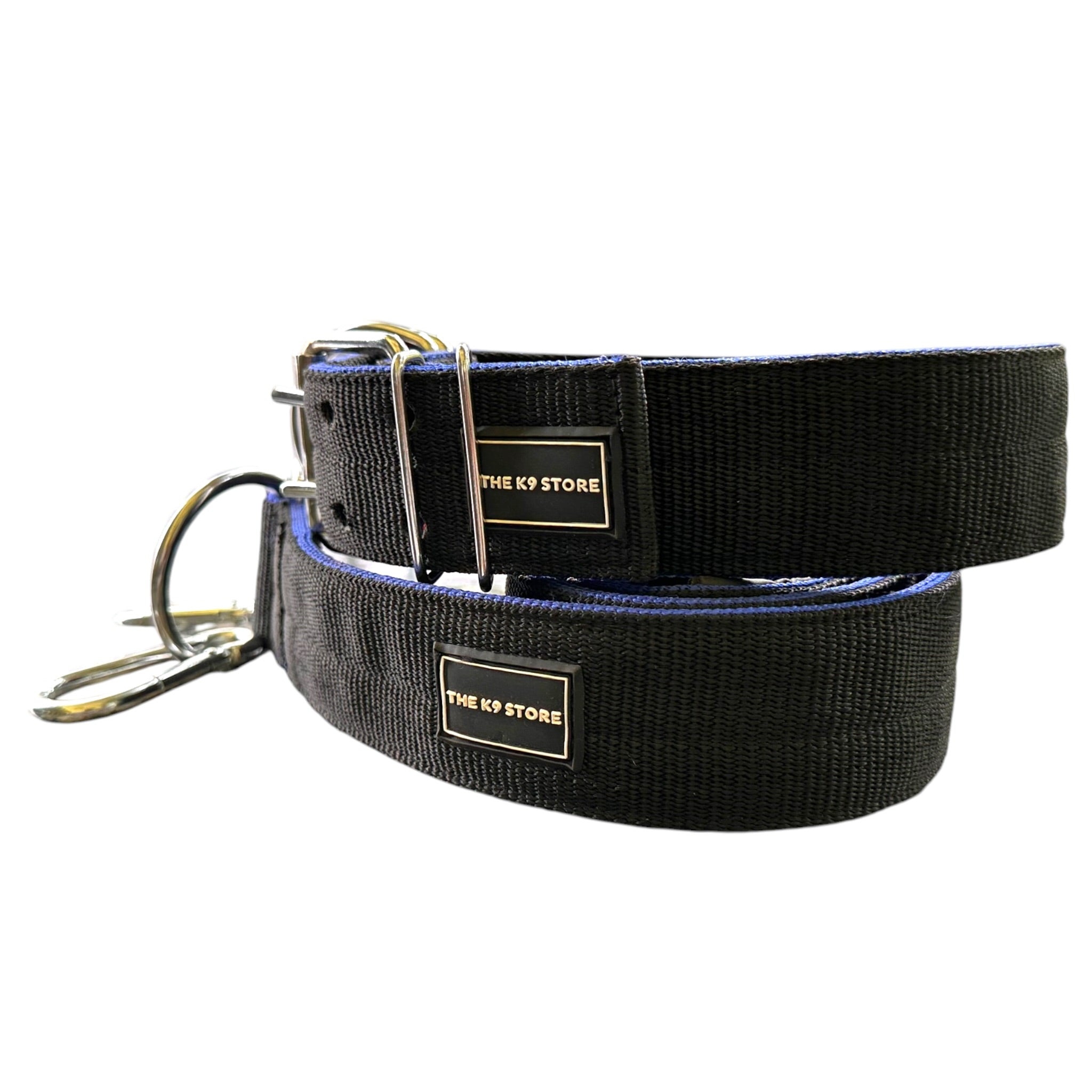 K9 Heavy Duty Nylon Dog Collar & Leash Combo | Dual D-Ring | Metal Buckle | Padded Handle | 60 Inch Leash | Black & Blue | Large & XL | The K9 Store