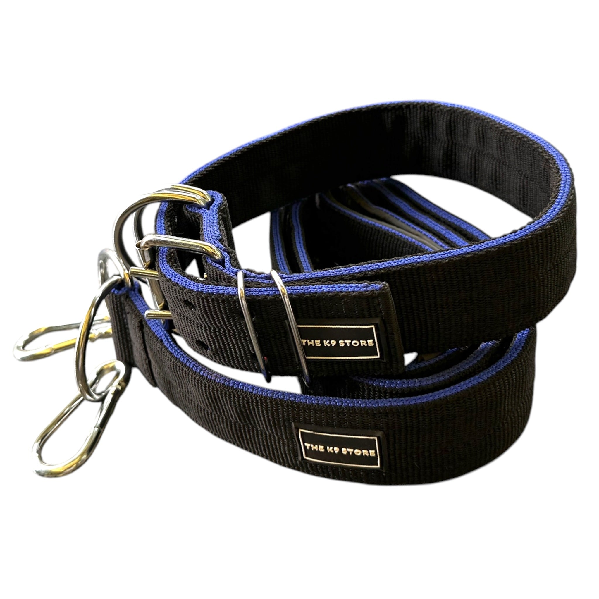 K9 Heavy Duty Nylon Dog Collar & Leash Combo | Dual D-Ring | Metal Buckle | Padded Handle | 60 Inch Leash | Black & Blue | Large & XL | The K9 Store