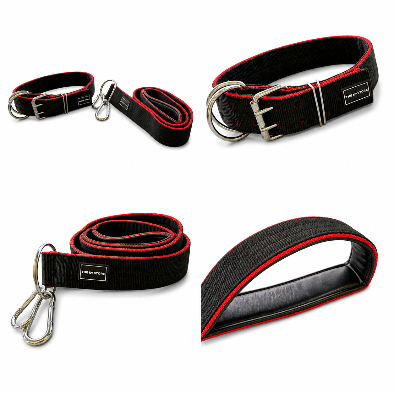 K9 Heavy Duty Nylon Dog Collar & Leash Combo | 2-Inch Wide | Dual D-Ring | Dual Buckle | Cushioned Handle | 60 Inch Leash | Black & Red | Large & XL | The K9 Store