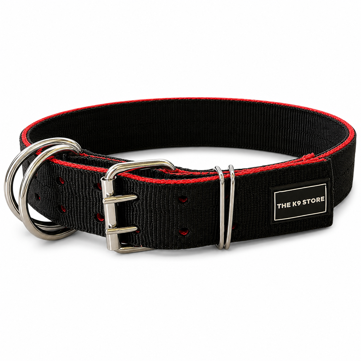 K9 Heavy Duty Nylon Dog Collar & Leash Combo | 2-Inch Wide | Dual D-Ring | Dual Buckle | Cushioned Handle | 60 Inch Leash | Black & Red | Large & XL | The K9 Store