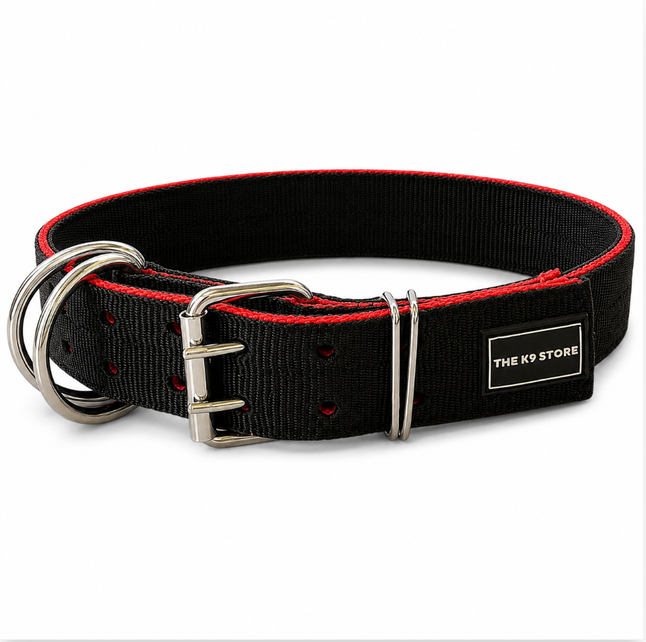 K9 Heavy Duty Nylon Dog Collar & Leash Combo | 2-Inch Wide | Dual D-Ring | Dual Buckle | Cushioned Handle | 60 Inch Leash | Black & Red | Large & XL | The K9 Store