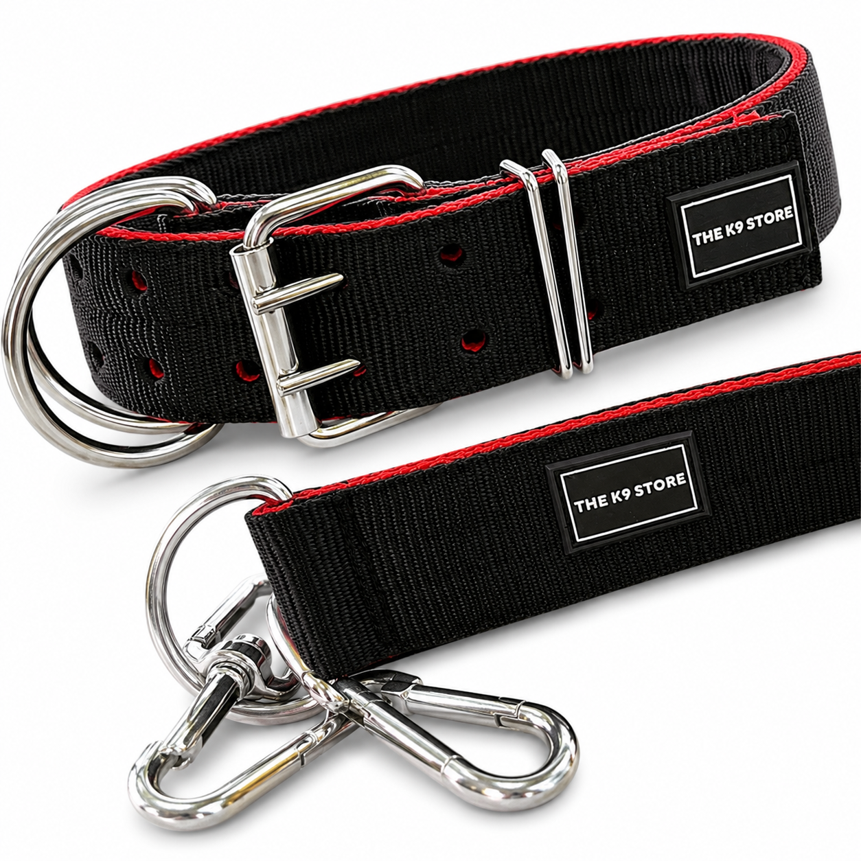 K9 Heavy Duty Nylon Dog Collar & Leash Combo | 2-Inch Wide | Dual D-Ring | Dual Buckle | Cushioned Handle | 60 Inch Leash | Black & Red | Large & XL | The K9 Store