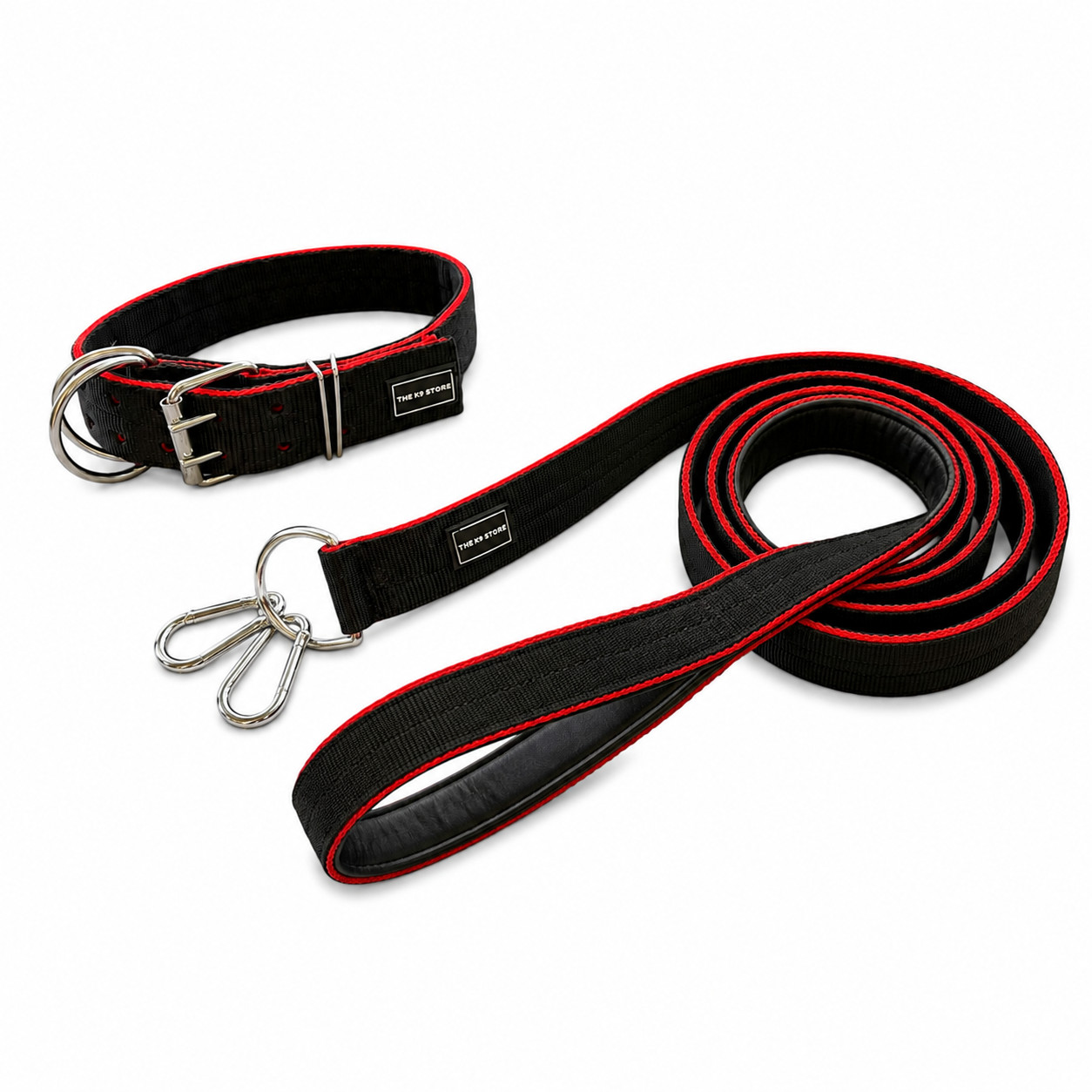 K9 Heavy Duty Nylon Dog Collar & Leash Combo | 2-Inch Wide | Dual D-Ring | Dual Buckle | Cushioned Handle | 60 Inch Leash | Black & Red | Large & XL | The K9 Store