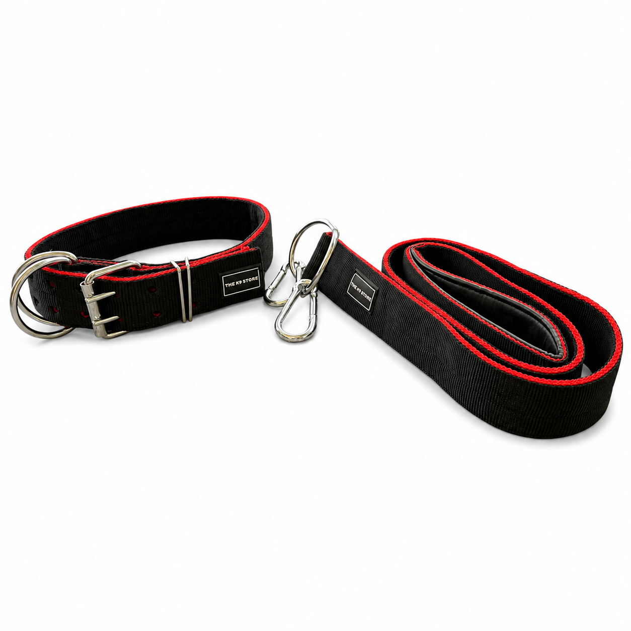 K9 Heavy Duty Nylon Dog Collar & Leash Combo | 2-Inch Wide | Dual D-Ring | Dual Buckle | Cushioned Handle | 60 Inch Leash | Black & Red | Large & XL | The K9 Store