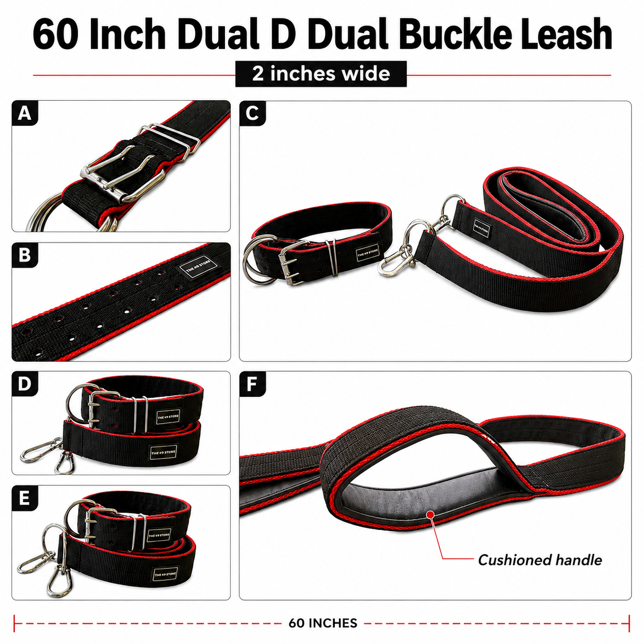 K9 Heavy Duty Nylon Dog Collar & Leash Combo | 2-Inch Wide | Dual D-Ring | Dual Buckle | Cushioned Handle | 60 Inch Leash | Black & Red | Large & XL | The K9 Store