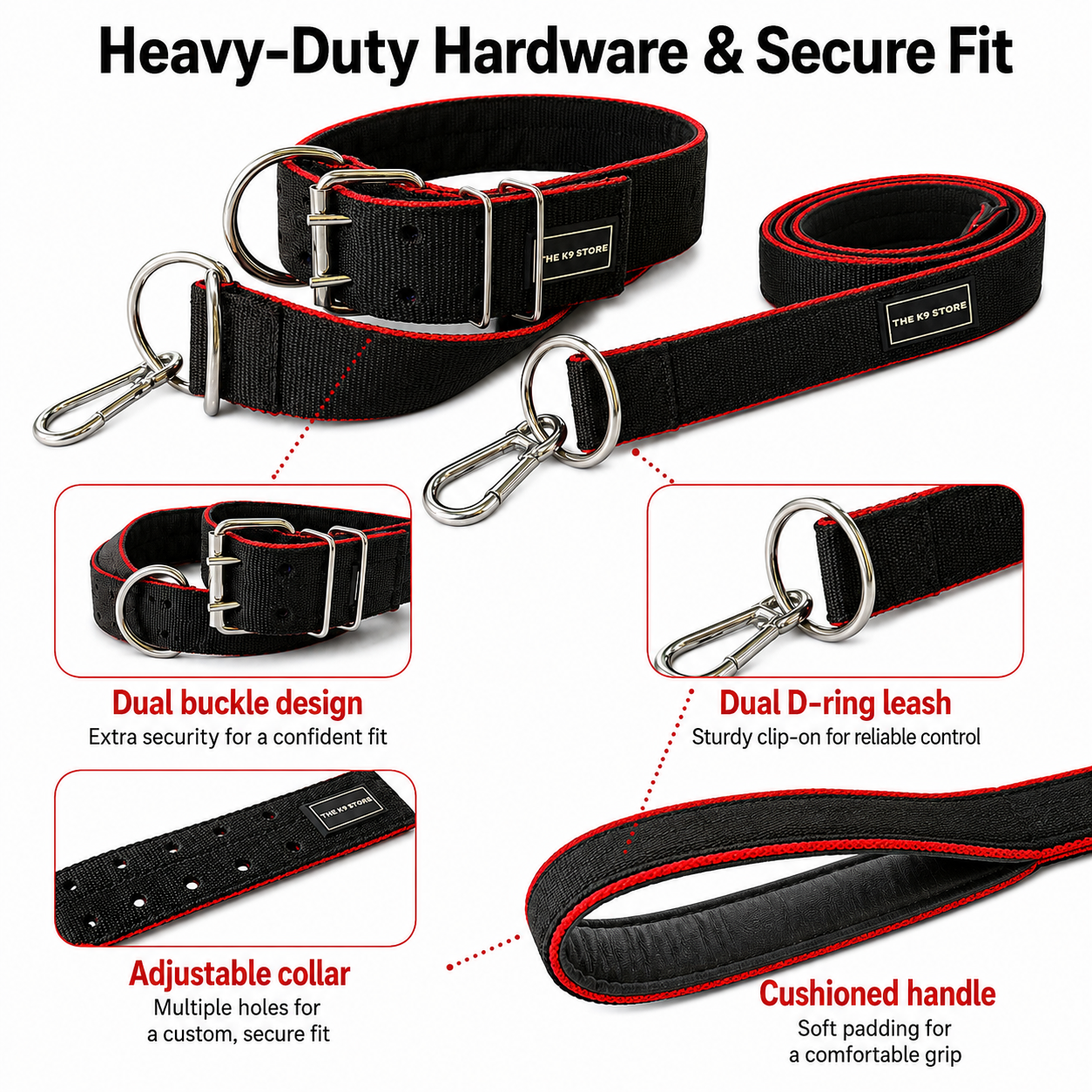 K9 Heavy Duty Nylon Dog Collar & Leash Combo | 2-Inch Wide | Dual D-Ring | Dual Buckle | Cushioned Handle | 60 Inch Leash | Black & Red | Large & XL | The K9 Store