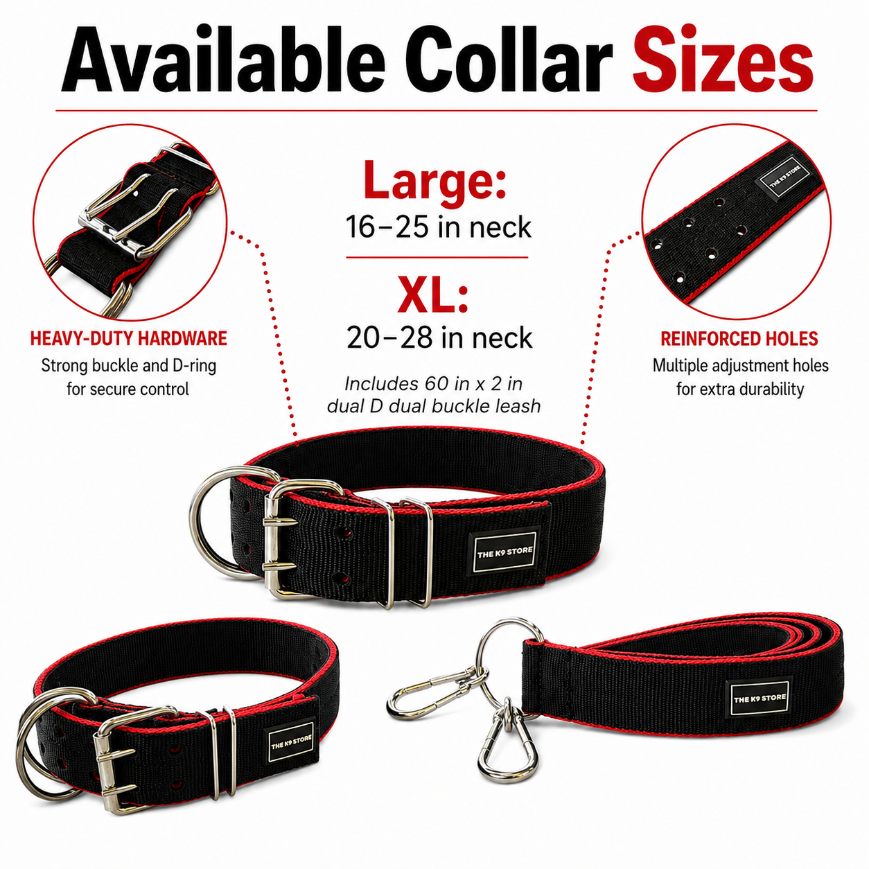 K9 Heavy Duty Nylon Dog Collar & Leash Combo | 2-Inch Wide | Dual D-Ring | Dual Buckle | Cushioned Handle | 60 Inch Leash | Black & Red | Large & XL | The K9 Store