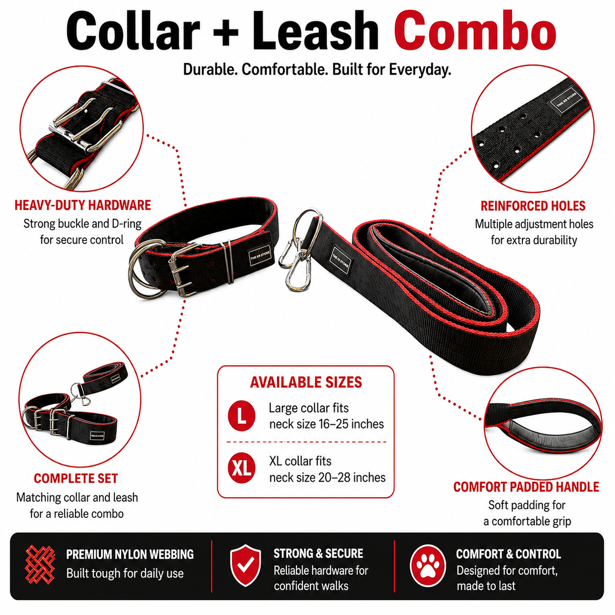 K9 Heavy Duty Nylon Dog Collar & Leash Combo | 2-Inch Wide | Dual D-Ring | Dual Buckle | Cushioned Handle | 60 Inch Leash | Black & Red | Large & XL | The K9 Store