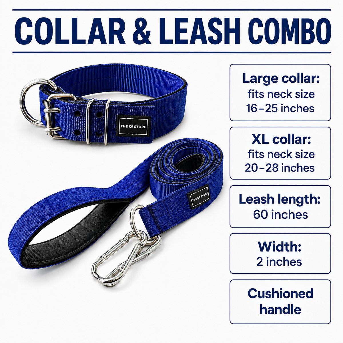 Heavy-Duty Dog Collar & Leash Combo – 2-Inch Wide Nylon with Cushioned Handle, 60-Inch Leash (Blue)