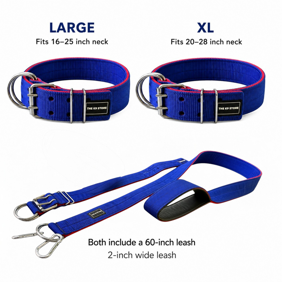 The K9 Store Blue & Red Heavy Duty 2-Inch Nylon Dog Collar & Leash Combo | Twin D-Rings | Double-Loop Lock | Soft Inner Lining | 60 Inch Leash | Large & XL | The K9 Store
