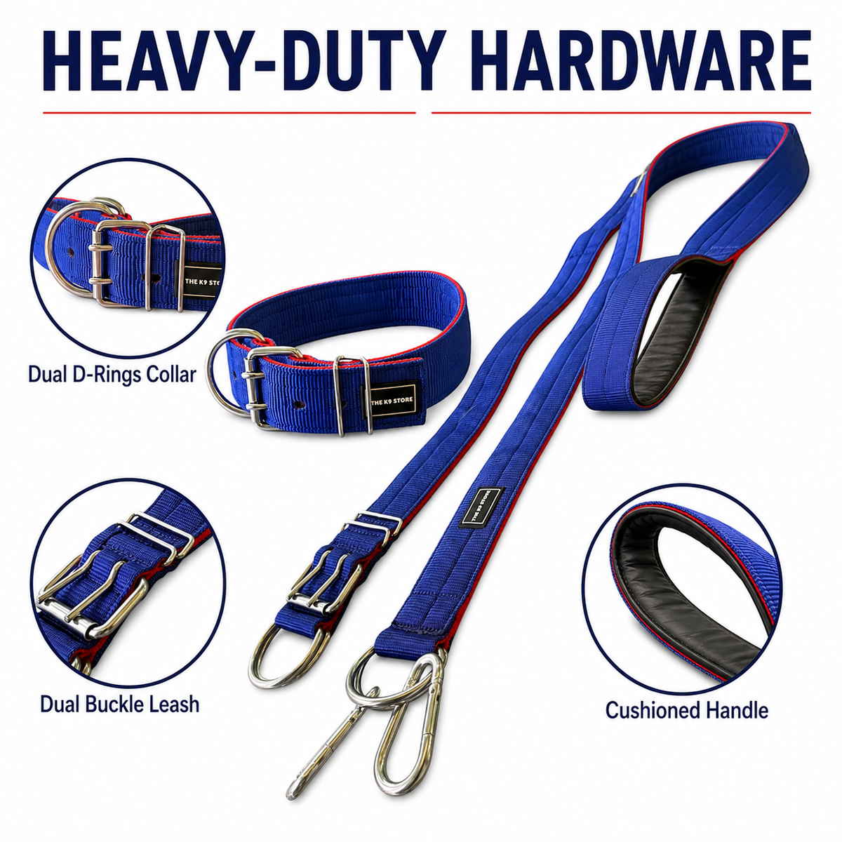 The K9 Store Blue & Red Heavy Duty 2-Inch Nylon Dog Collar & Leash Combo | Twin D-Rings | Double-Loop Lock | Soft Inner Lining | 60 Inch Leash | Large & XL | The K9 Store