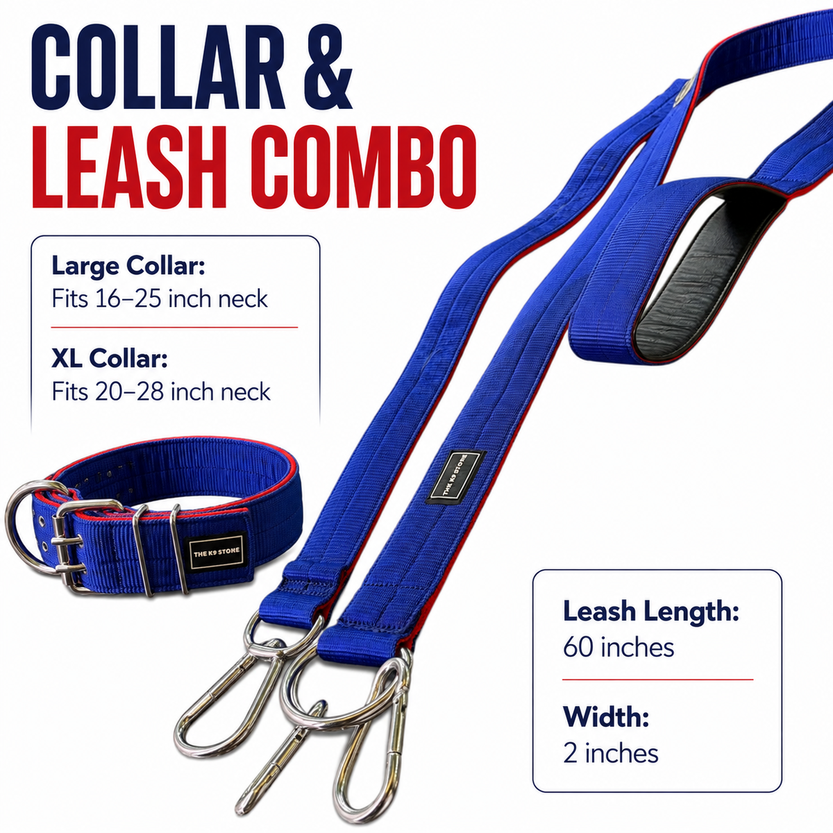 The K9 Store Blue & Red Heavy Duty 2-Inch Nylon Dog Collar & Leash Combo | Twin D-Rings | Double-Loop Lock | Soft Inner Lining | 60 Inch Leash | Large & XL | The K9 Store