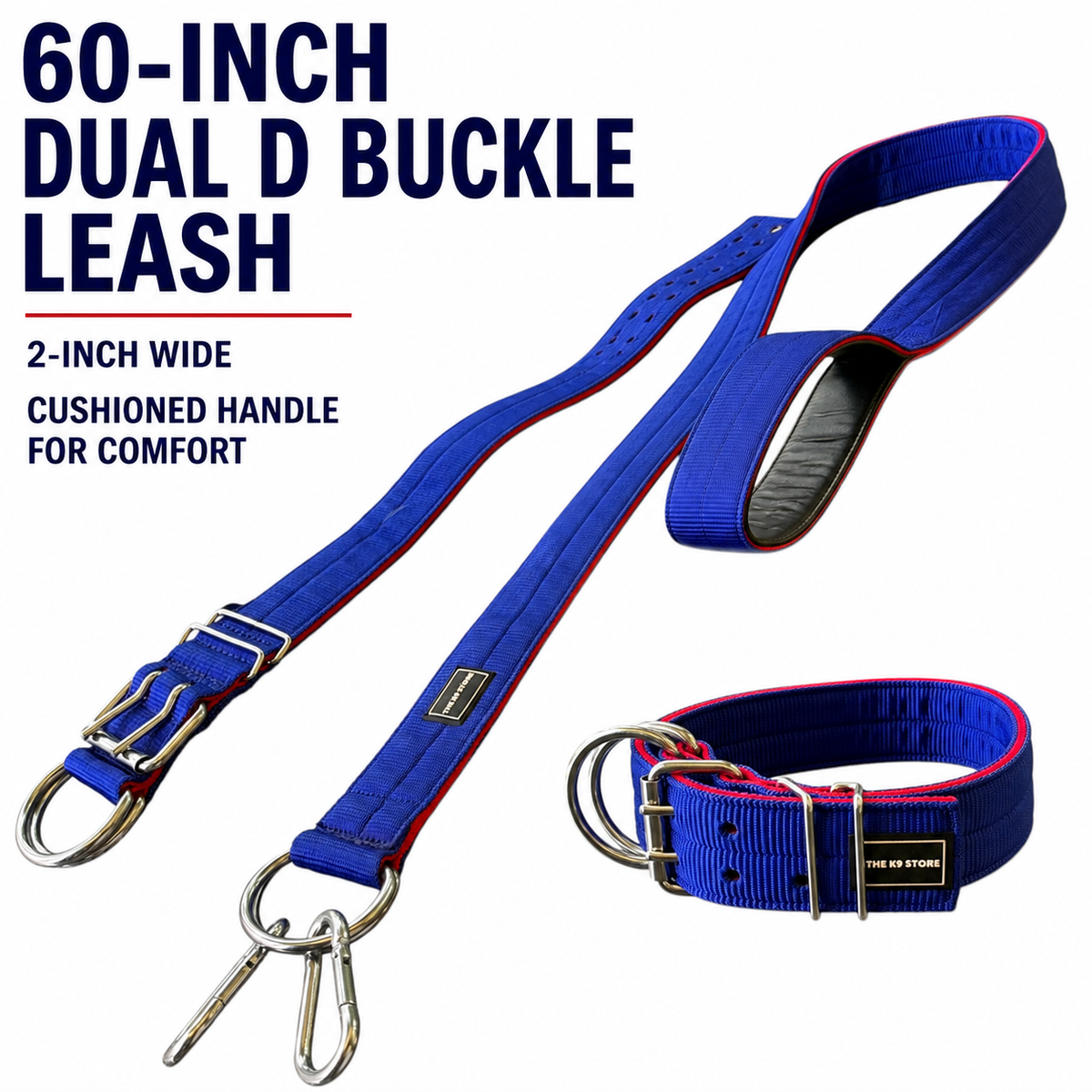 The K9 Store Blue & Red Heavy Duty 2-Inch Nylon Dog Collar & Leash Combo | Twin D-Rings | Double-Loop Lock | Soft Inner Lining | 60 Inch Leash | Large & XL | The K9 Store