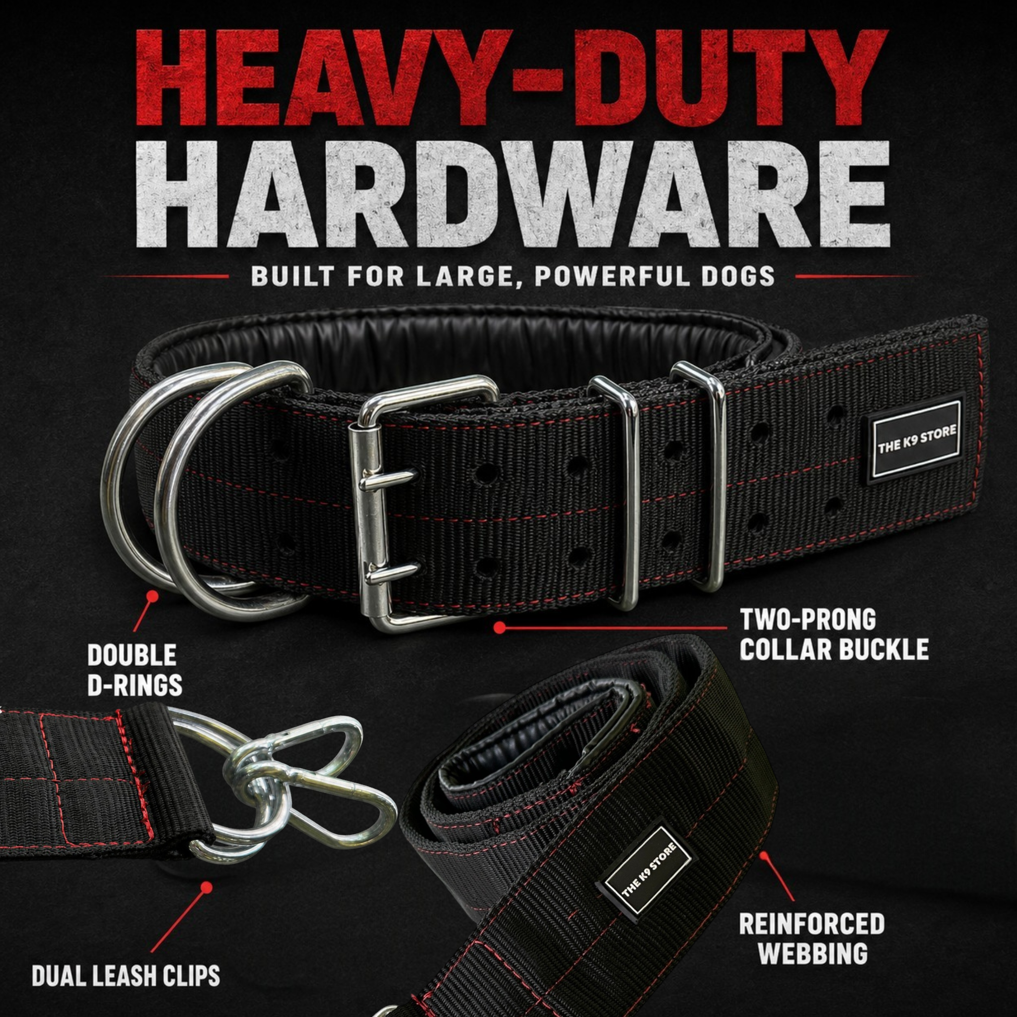 Heavy Duty Dog Collar & Leash Combo Set | 3 Inch Wide Padded | Double D-Ring | Fits 18-26 Inch Neck | Black