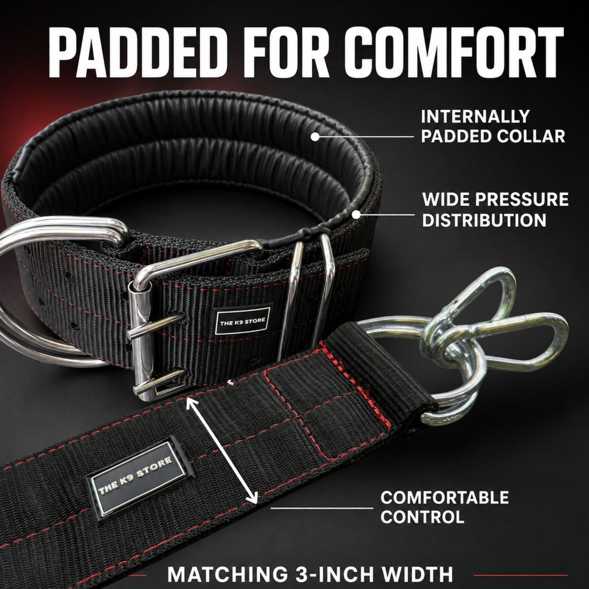 Heavy Duty Dog Collar & Leash Combo Set | 3 Inch Wide Padded | Double D-Ring | Fits 18-26 Inch Neck | Black