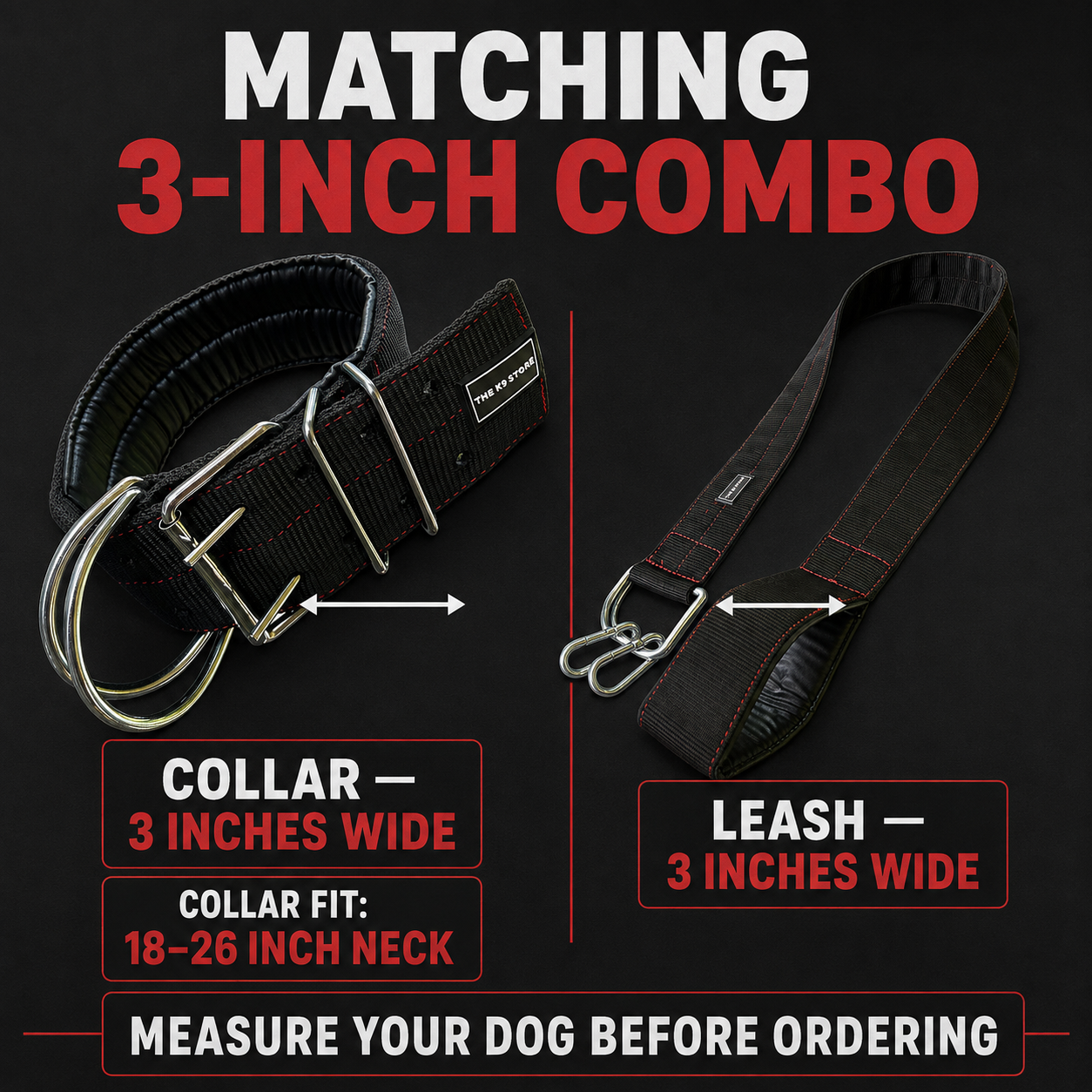 Heavy Duty Dog Collar & Leash Combo Set | 3 Inch Wide Padded | Double D-Ring | Fits 18-26 Inch Neck | Black