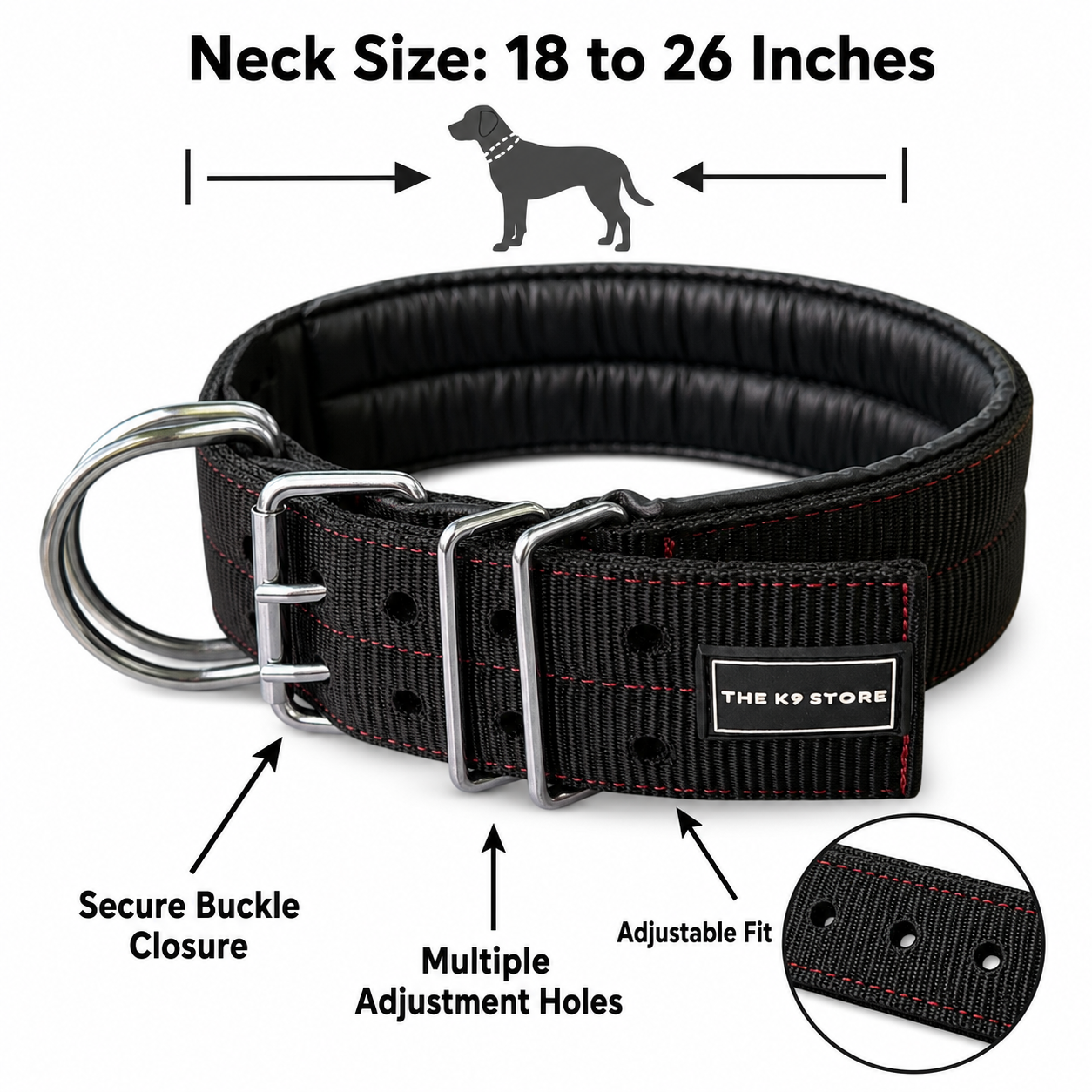 The K9 Store 3 Inch Wide Heavy Duty Dog Collar with Padded Interior & Double D-Ring | Large Breed Collar