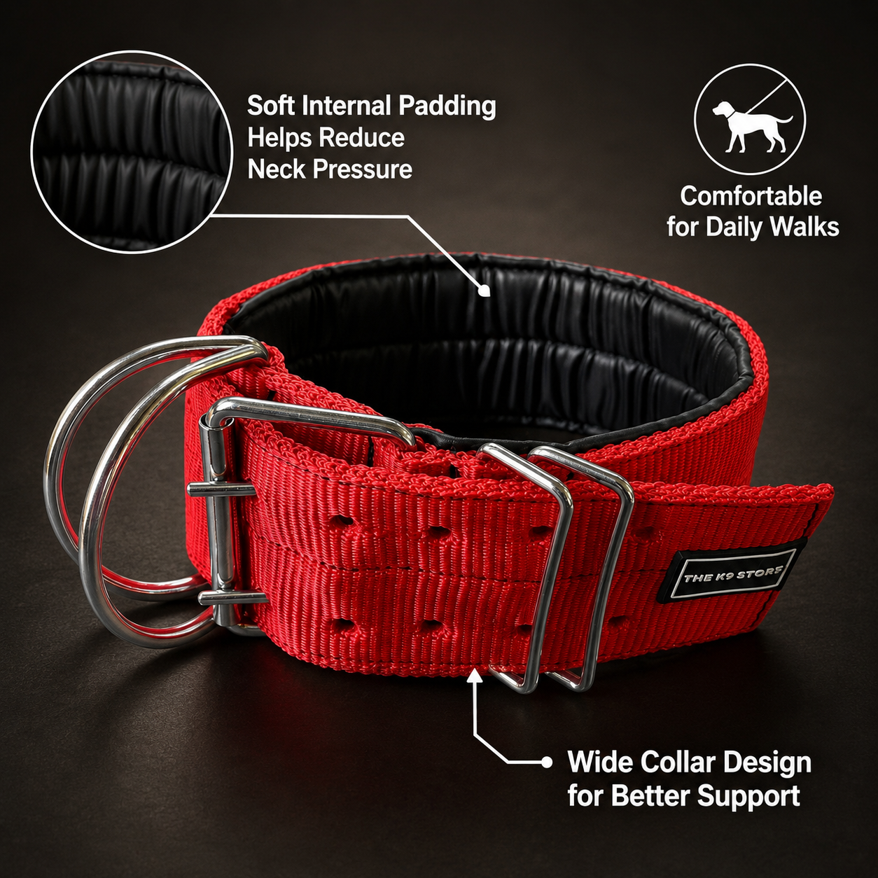 The K9 Store 3 Inch Wide Heavy Duty Dog Collar with Padded Interior & Double D-Ring | Large Breed Collar