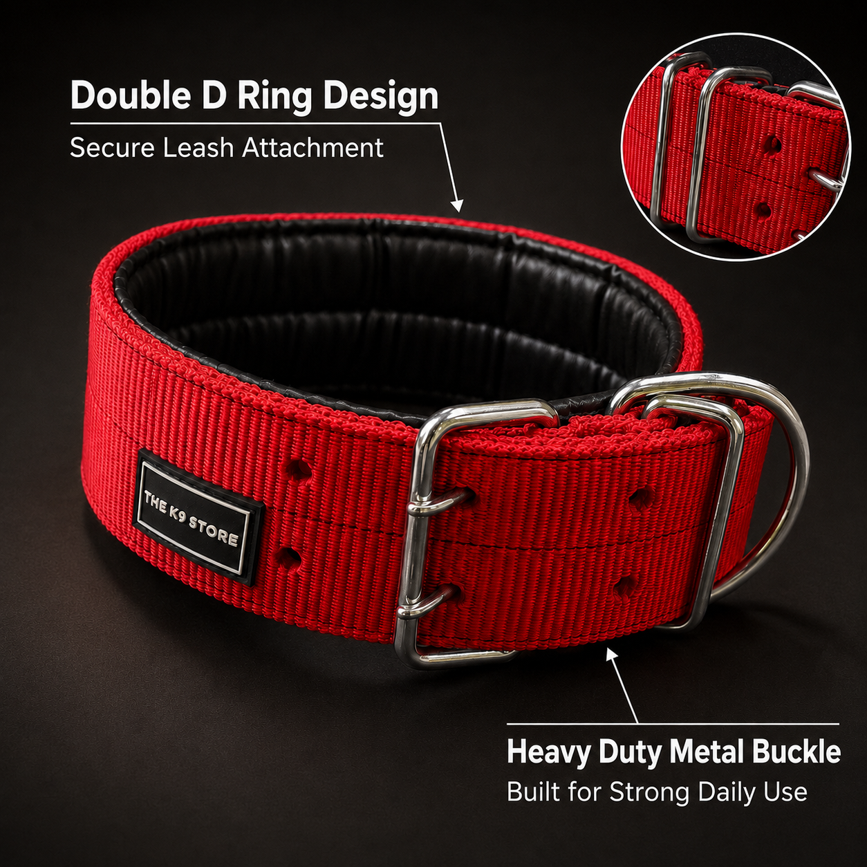 The K9 Store 3 Inch Wide Heavy Duty Dog Collar with Padded Interior & Double D-Ring | Large Breed Collar