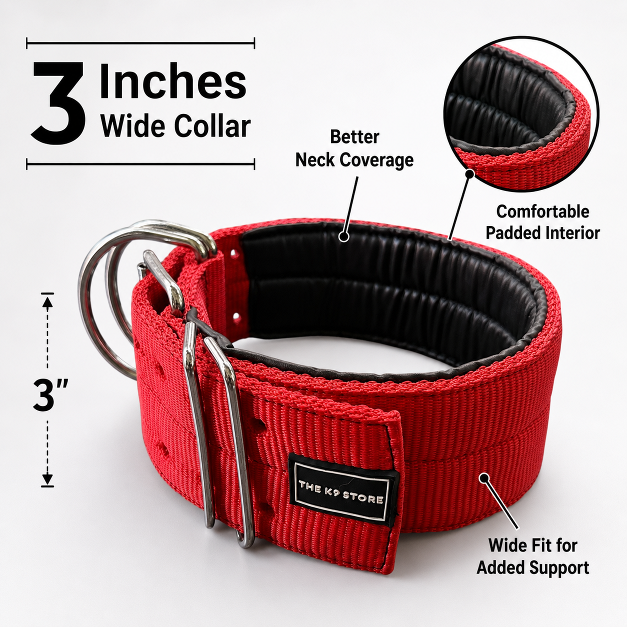 The K9 Store 3 Inch Wide Heavy Duty Dog Collar with Padded Interior & Double D-Ring | Large Breed Collar