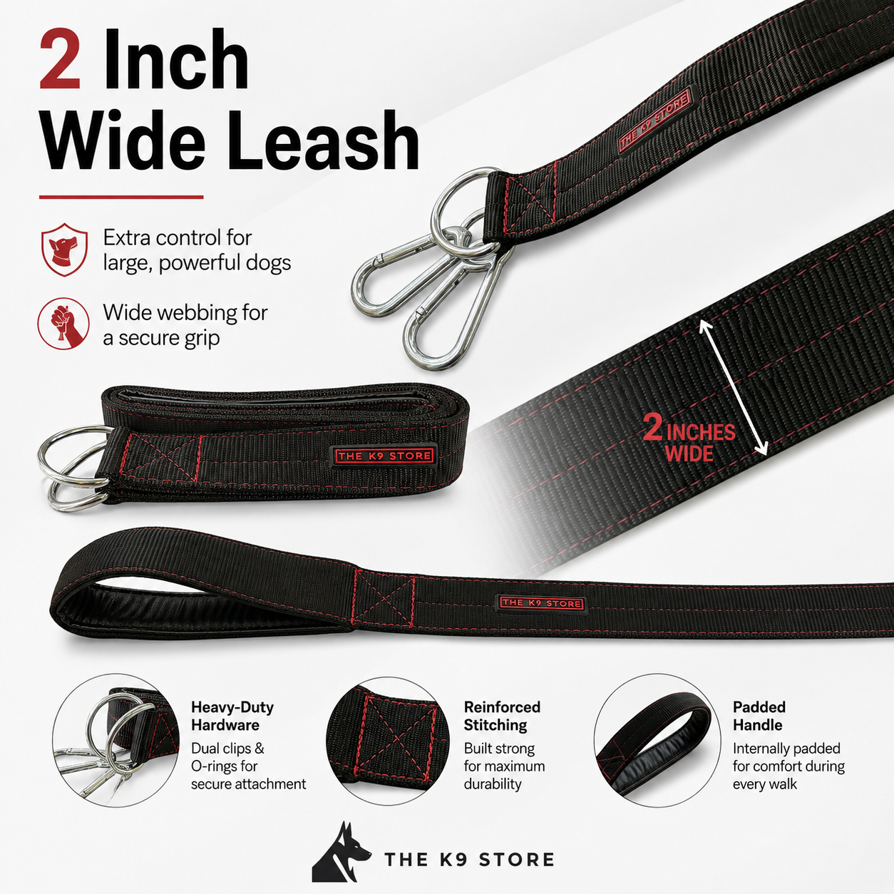 Heavy Duty Dog Leash | 2 Inch Wide Padded Handle | Dual Hook Extra Protection | PP Webbing | 56 Inch | Black