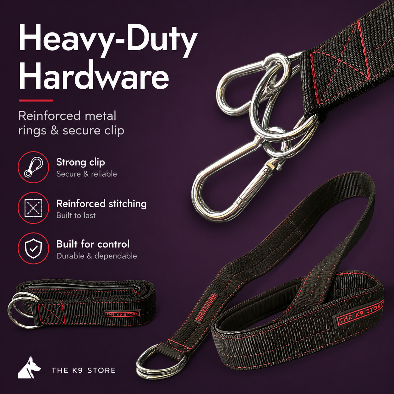 Heavy Duty Dog Leash | 2 Inch Wide Padded Handle | Dual Hook Extra Protection | PP Webbing | 56 Inch | Black