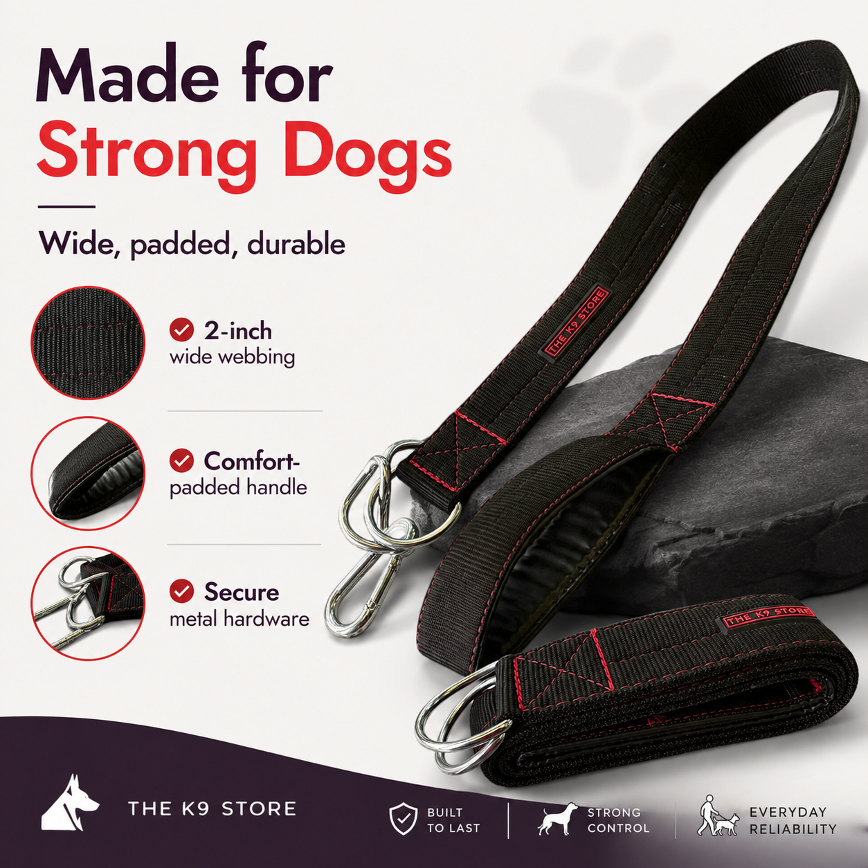 Heavy Duty Dog Leash | 2 Inch Wide Padded Handle | Dual Hook Extra Protection | PP Webbing | 56 Inch | Black