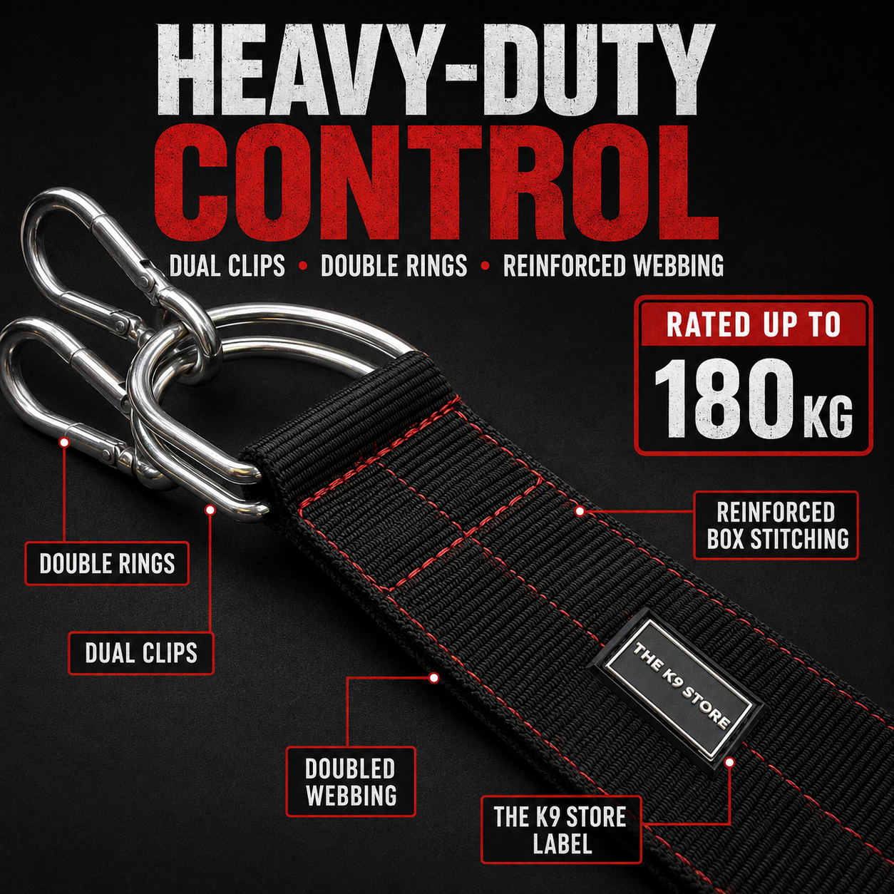 Heavy Duty Dog Leash | 3 Inch Wide Padded Handle | Rated Up to 180 KG | Dual Clip Nylon Leash | 56 Inch | Black