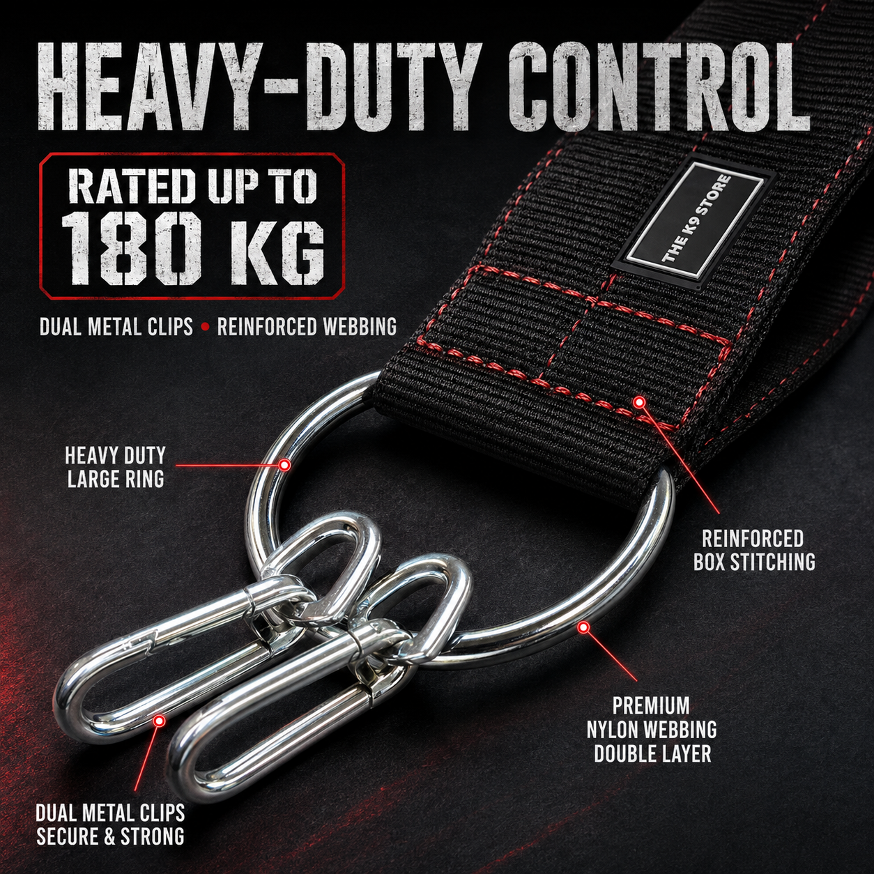 Heavy Duty Dog Leash | 3 Inch Wide Padded Handle | Rated Up to 180 KG | Dual Clip Nylon Leash | 56 Inch | Black