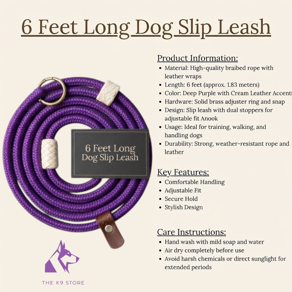 6 Ft Dog Slip Leash for Training – Adjustable Rope Lead with Brass Ring & Dual Stopper | Strong Braided Leash for Dogs (Purple)