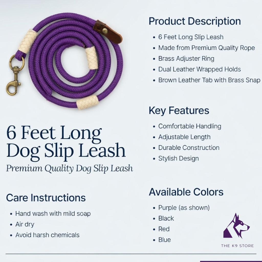 6 Ft Dog Slip Leash for Training – Adjustable Rope Lead with Brass Ring & Dual Stopper | Strong Braided Leash for Dogs (Purple)