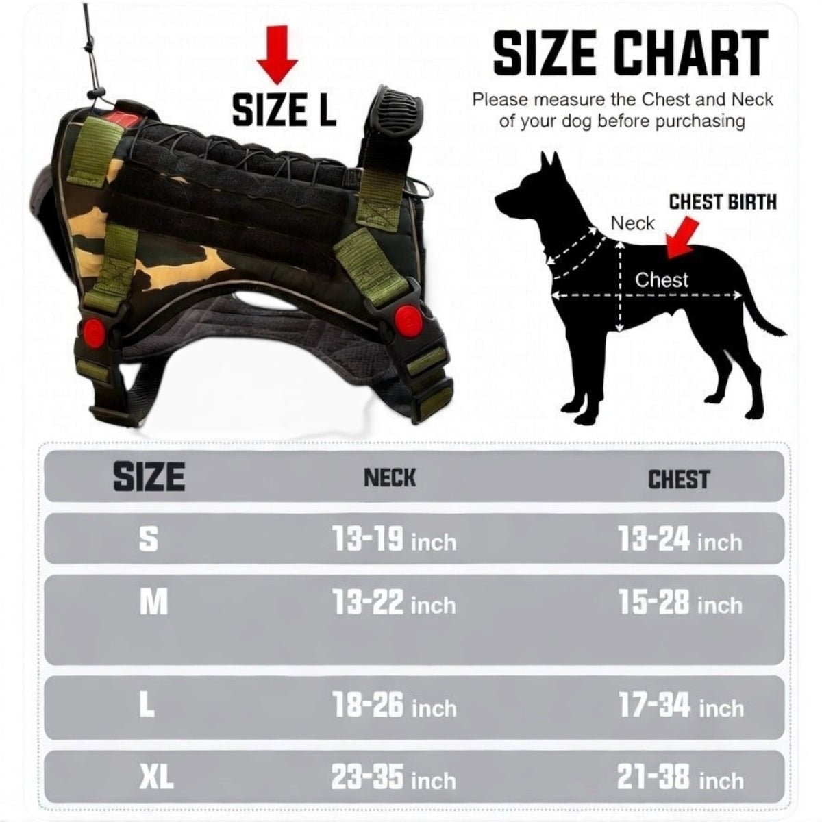 Tactical Dog Harness No Pull Adjustable Heavy Duty K9 Vest with Handle & Reflective Straps for Medium Large Dogs (S, M, L, XL)