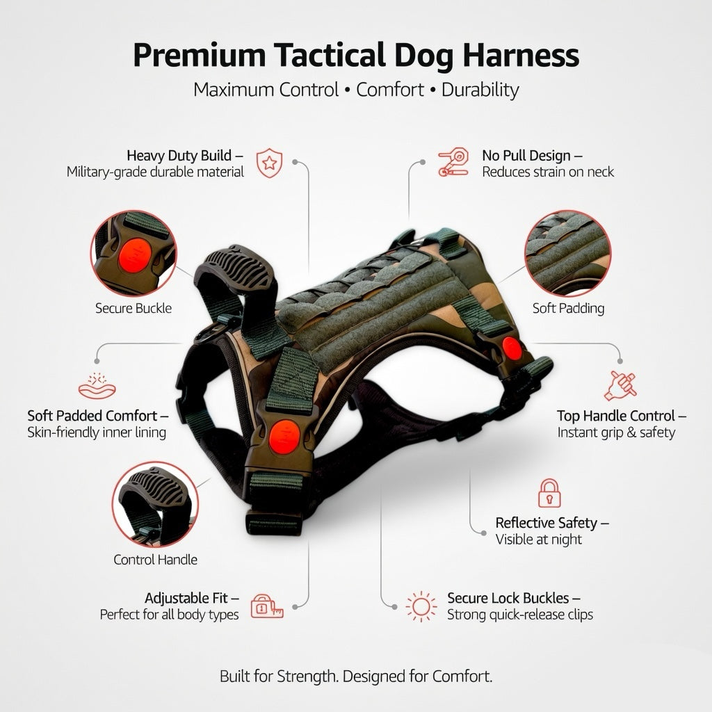 Tactical Dog Harness No Pull Adjustable Heavy Duty K9 Vest with Handle & Reflective Straps for Medium Large Dogs (S, M, L, XL)