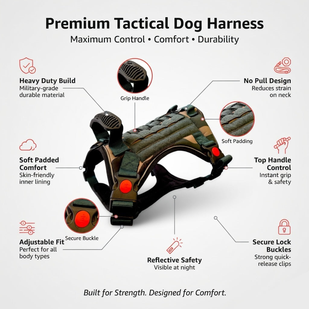 Tactical Dog Harness No Pull Adjustable Heavy Duty K9 Vest with Handle & Reflective Straps for Medium Large Dogs (S, M, L, XL)