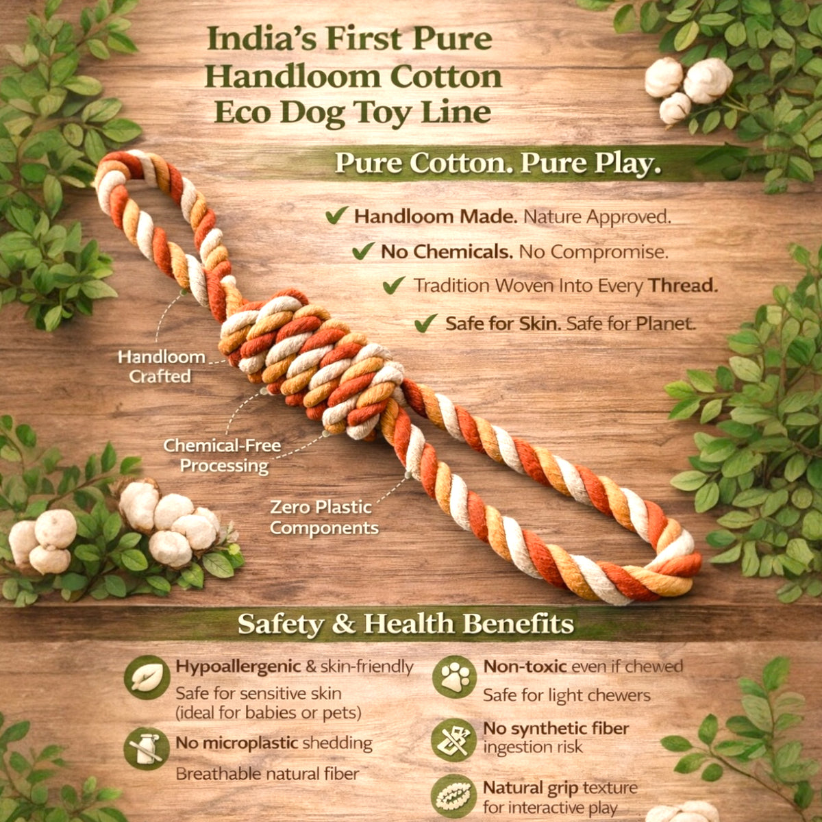 100% Pure Cotton Handloom Dog Toy - Eco-Friendly, Handmade, Chemical-Free, 12 Inches Long, Perfect for Tough Chewers