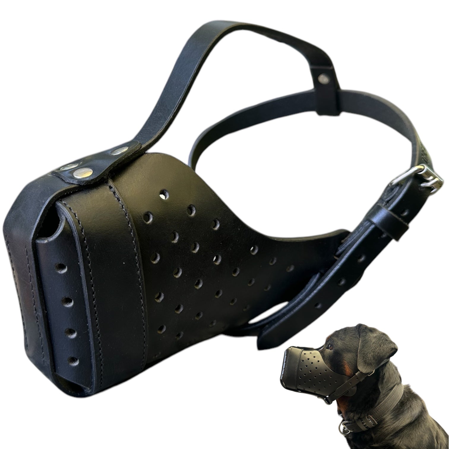K9 Store Premium Black Leather Dog Muzzle/Mask- Heavy Duty, Breathable, Handcrafted & Adjustable for Large Breeds