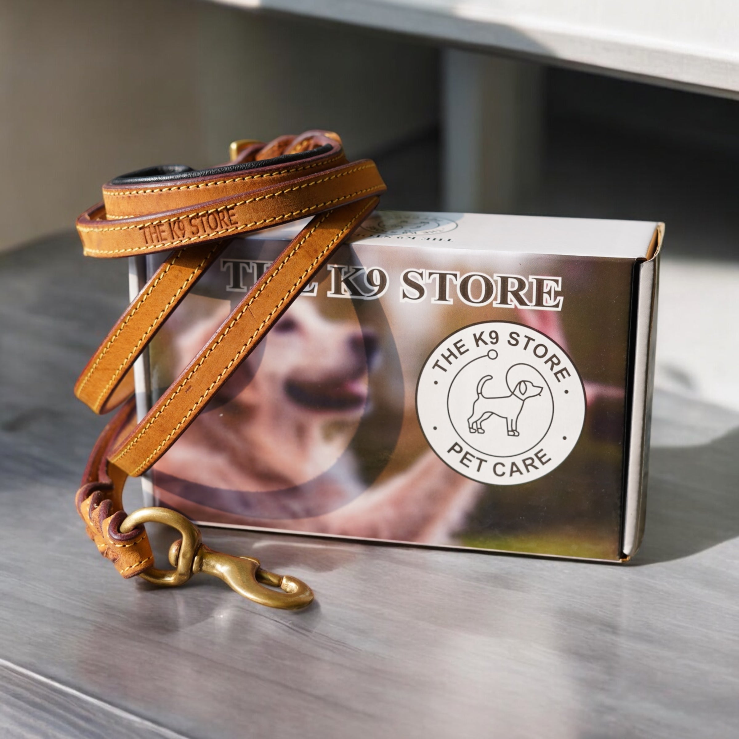 The K9 Store Premium Leather Double Handle Dog Leash, 6 Feet Long in Tan Color With Brass Hooks For All Dog Breeds