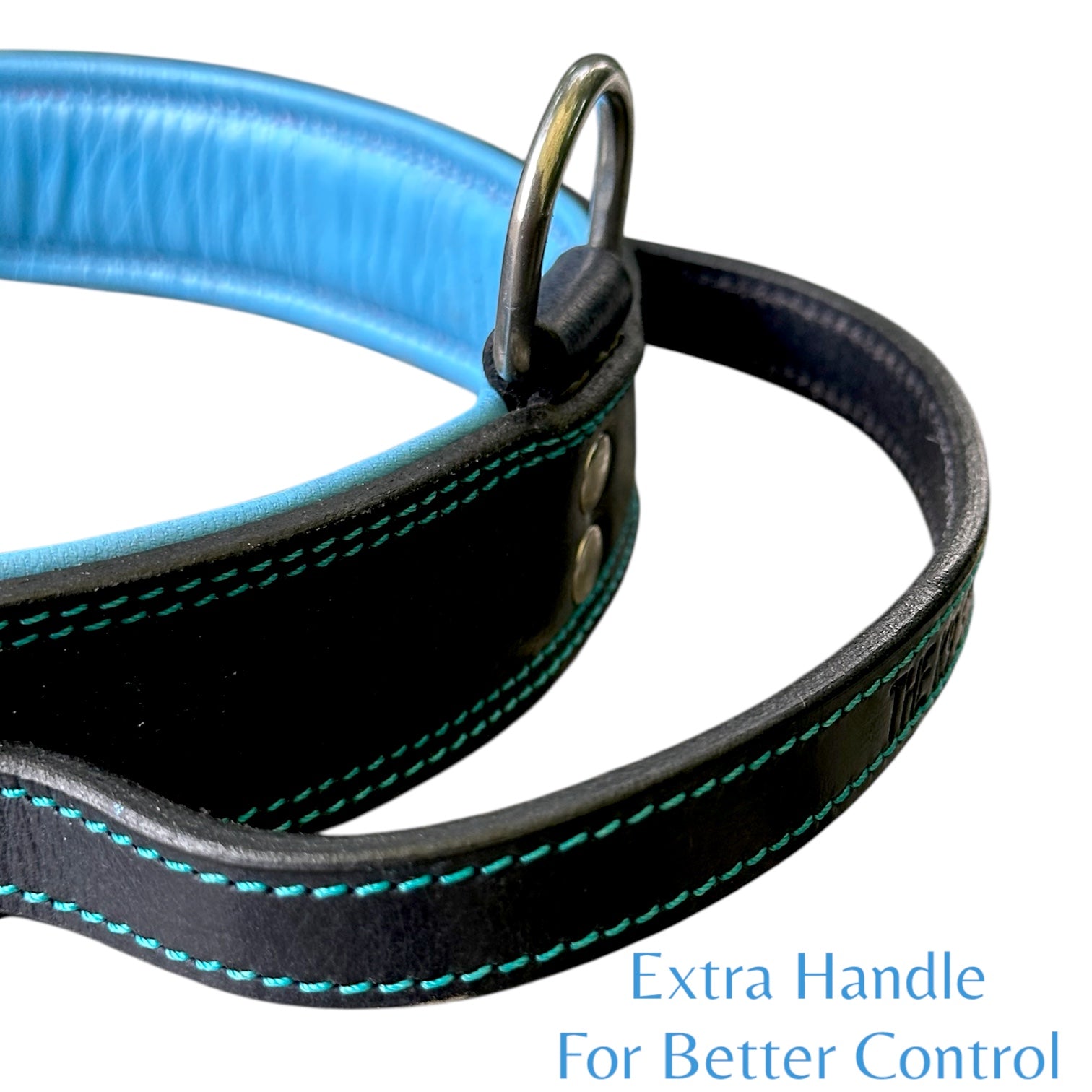The K9 Store 100% Highgrade Leather Bold Dog Neck Collar For Training With Extra Handle - Zoey's Special B&B (Blue & Black Dual Tone)