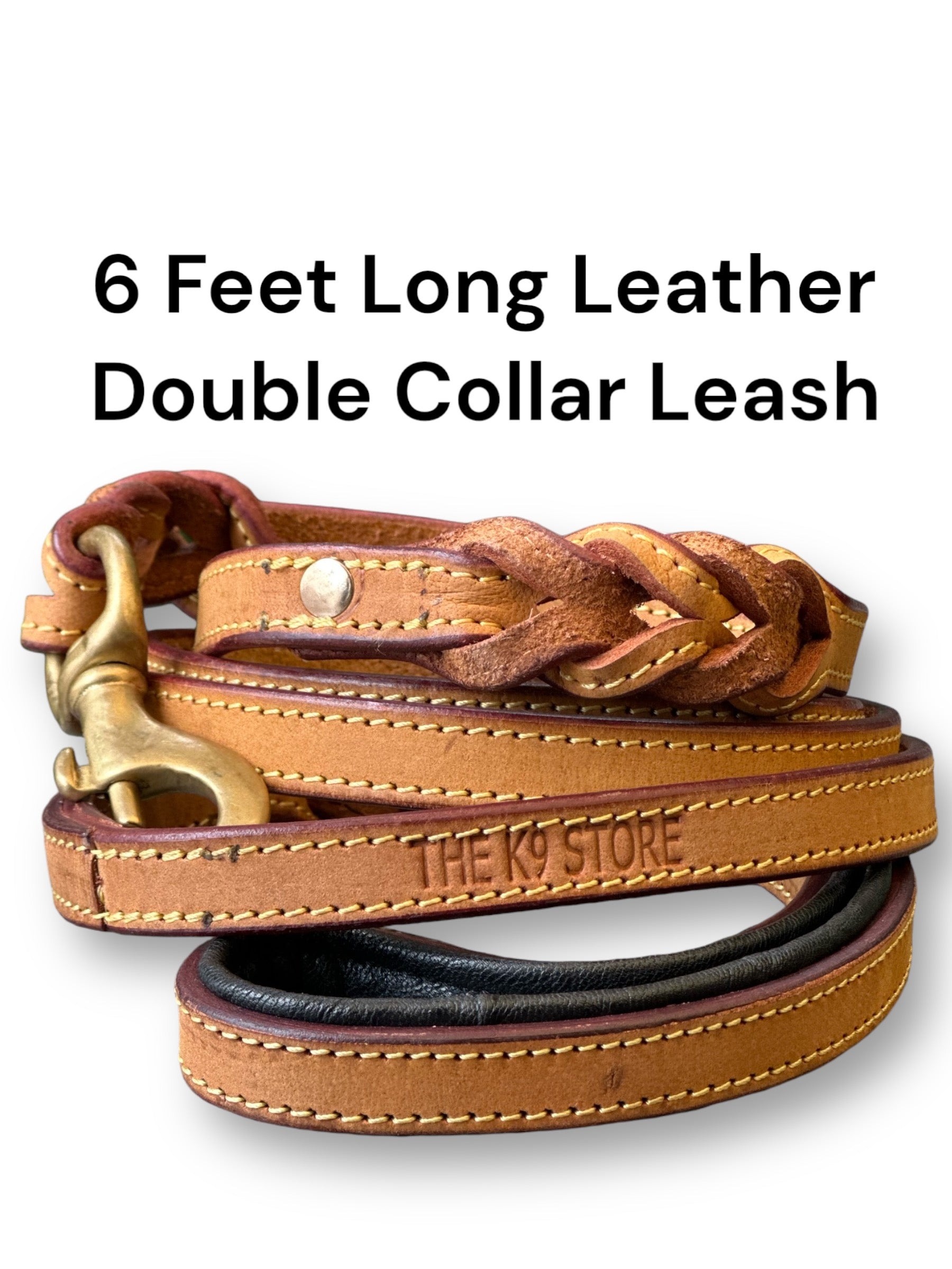 The K9 Store Premium Leather Double Handle Dog Leash, 6 Feet Long in Tan Color With Brass Hooks For All Dog Breeds