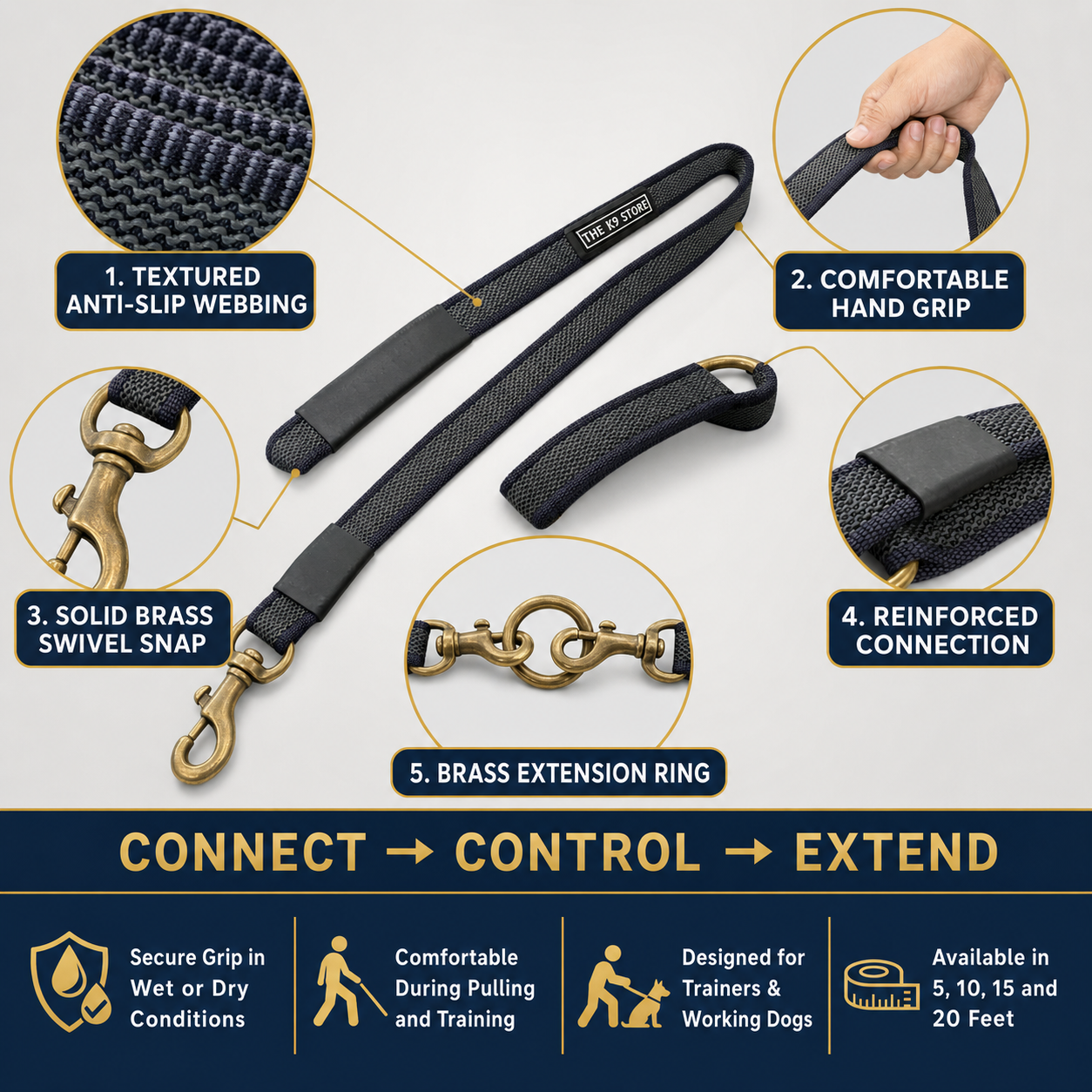 Anti-Slip Dog Training Leash | Solid Brass Hardware | Heavy Duty Nylon Leash for Dogs | 5, 10, 15, 20 Feet | Navy Blue & Persian Green