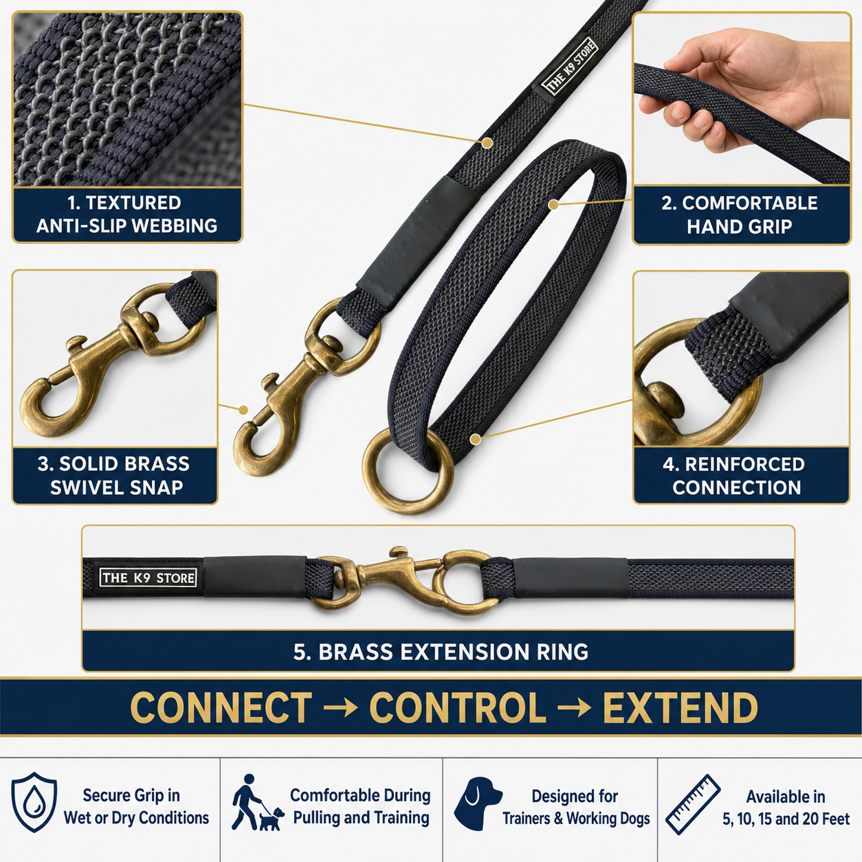 Anti-Slip Dog Training Leash | Solid Brass Hardware | Heavy Duty Nylon Leash for Dogs | 5, 10, 15, 20 Feet | Navy Blue & Persian Green