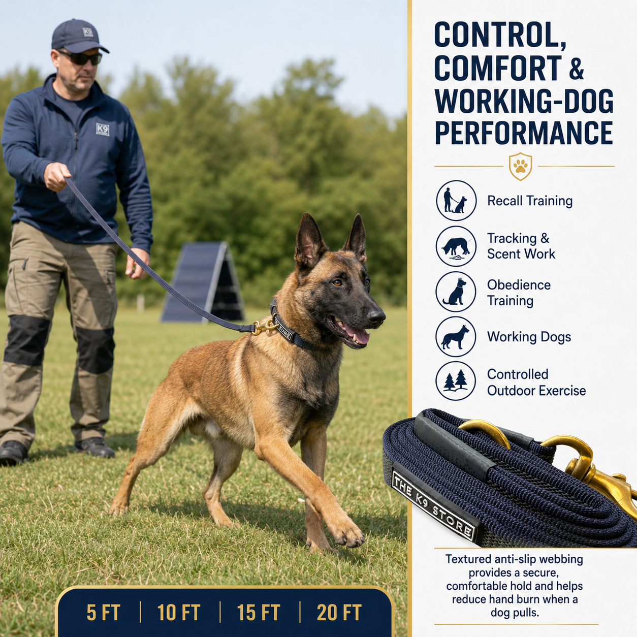 Anti-Slip Dog Training Leash | Solid Brass Hardware | Heavy Duty Nylon Leash for Dogs | 5, 10, 15, 20 Feet | Navy Blue & Persian Green