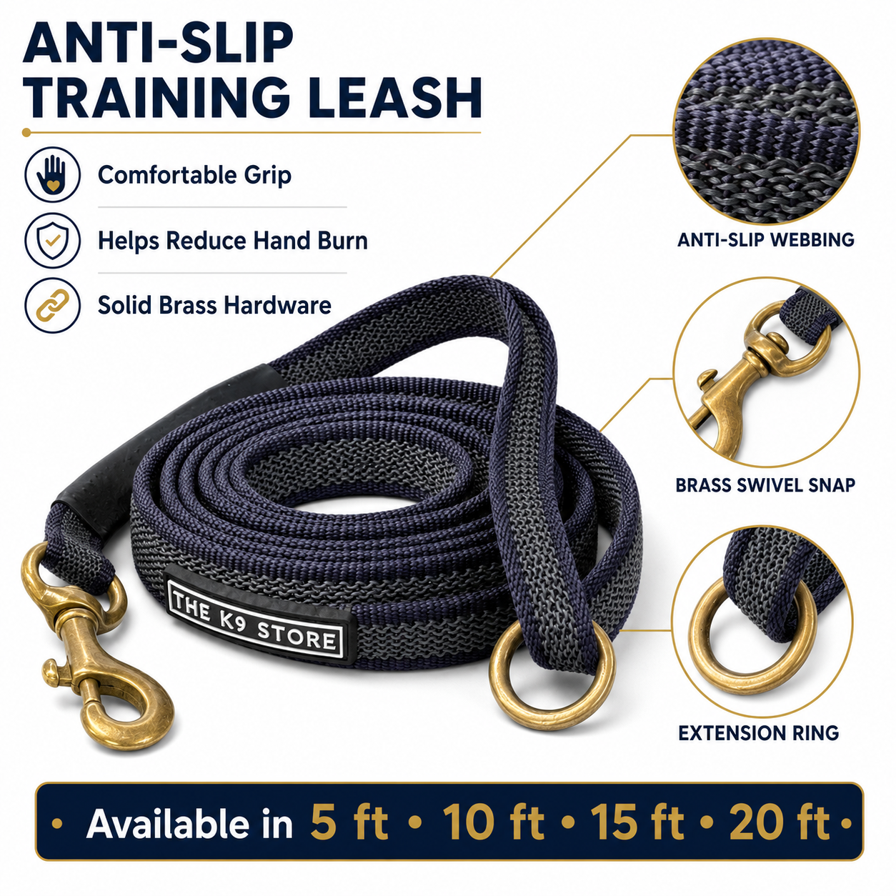 Anti-Slip Dog Training Leash | Solid Brass Hardware | Heavy Duty Nylon Leash for Dogs | 5, 10, 15, 20 Feet | Navy Blue & Persian Green