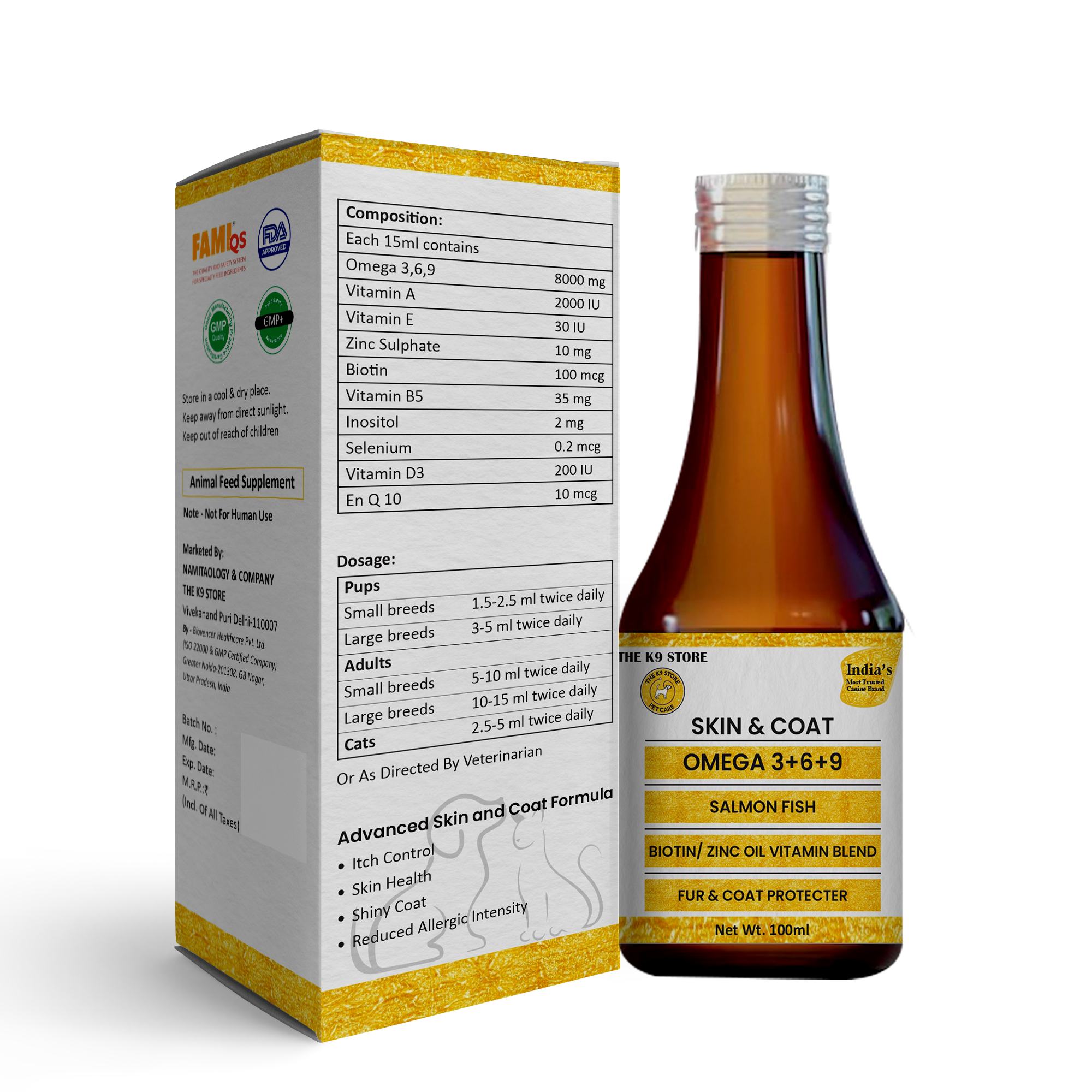 The K9 Store Skin and Coat Formula with Omega 3 6 9 for Dogs & Cats with Salmon Fish Oil, Biotin, Zinc Oil Vitamin Blend